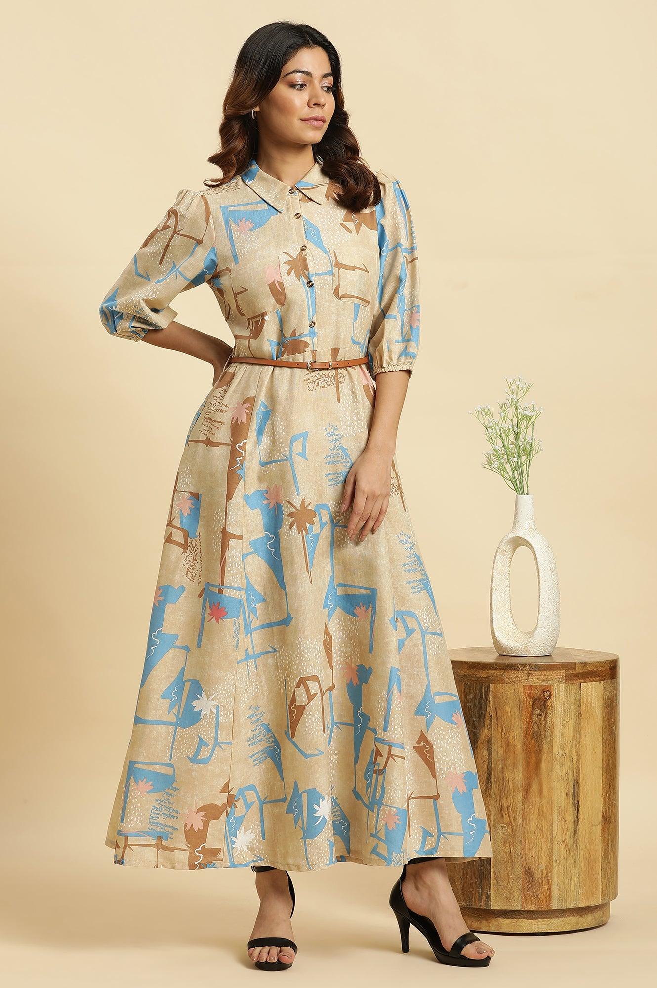 Beige Abstract Printed Maxi Dress with Belt  Western Style - S