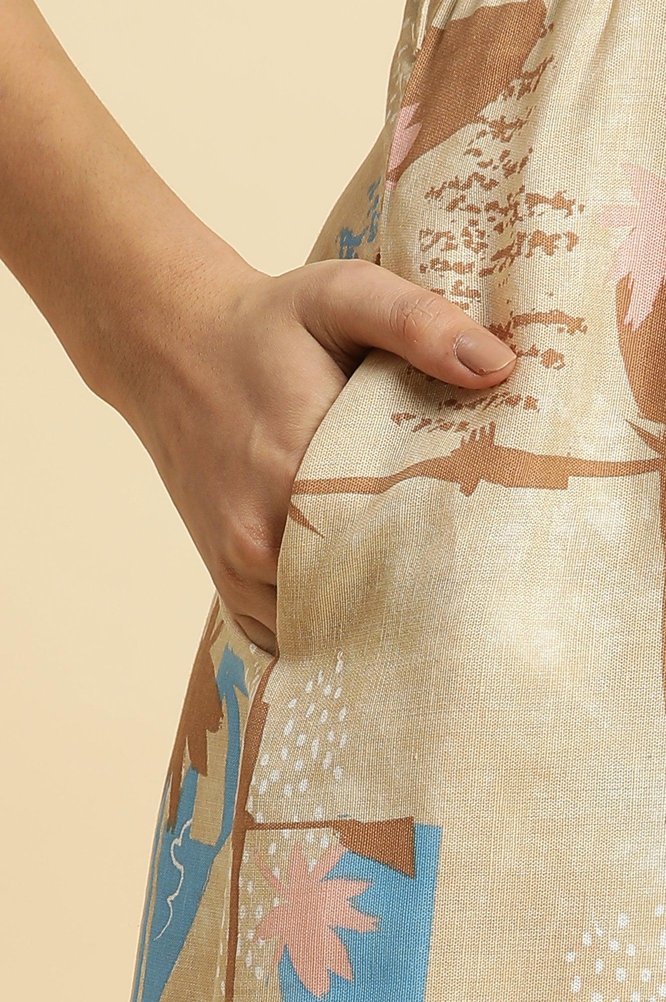 Beige Abstract Printed Western Long Dress With Belt - wforwoman