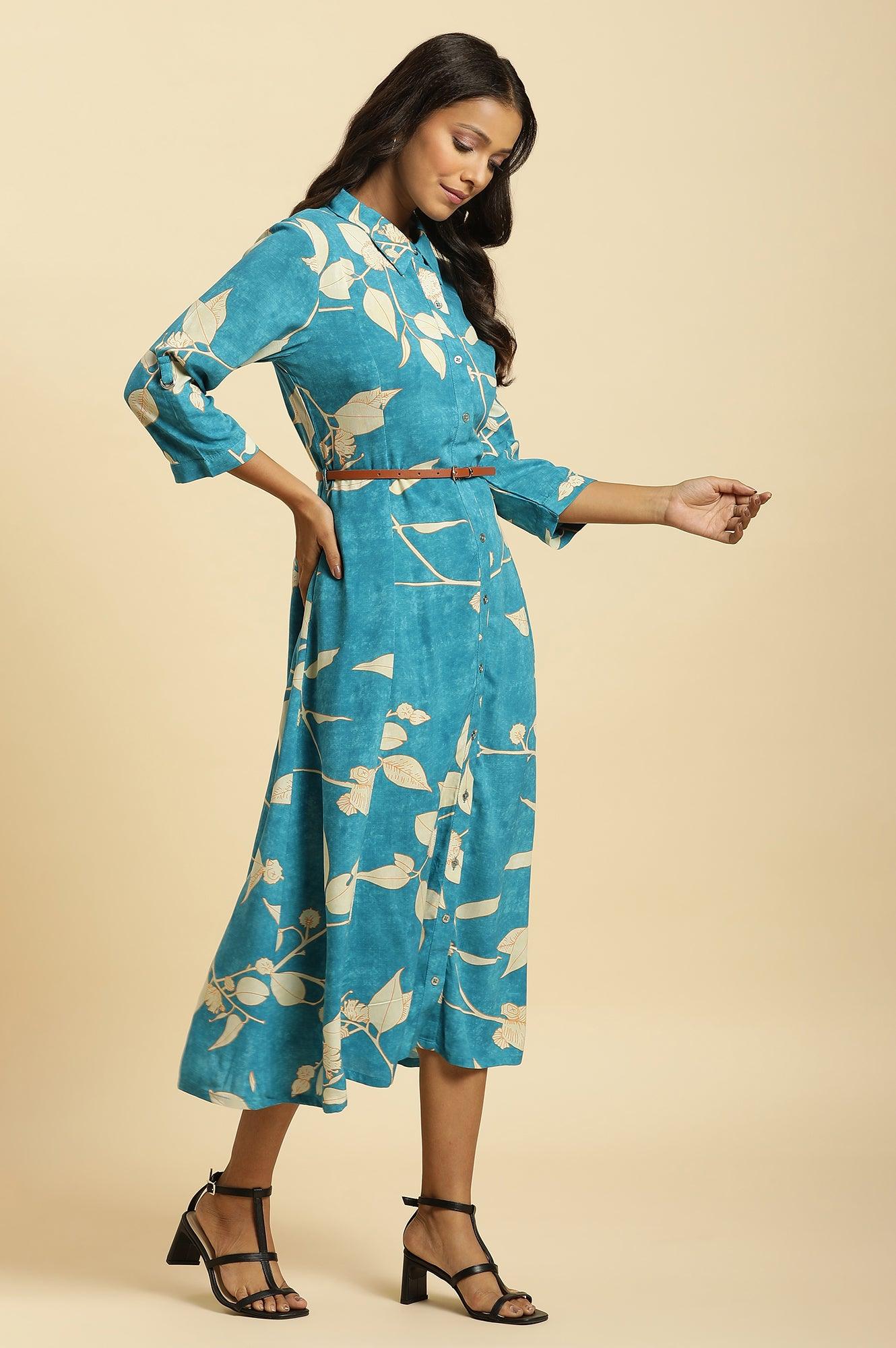 Blue Long Shirt Dress In Abstract Print - wforwoman