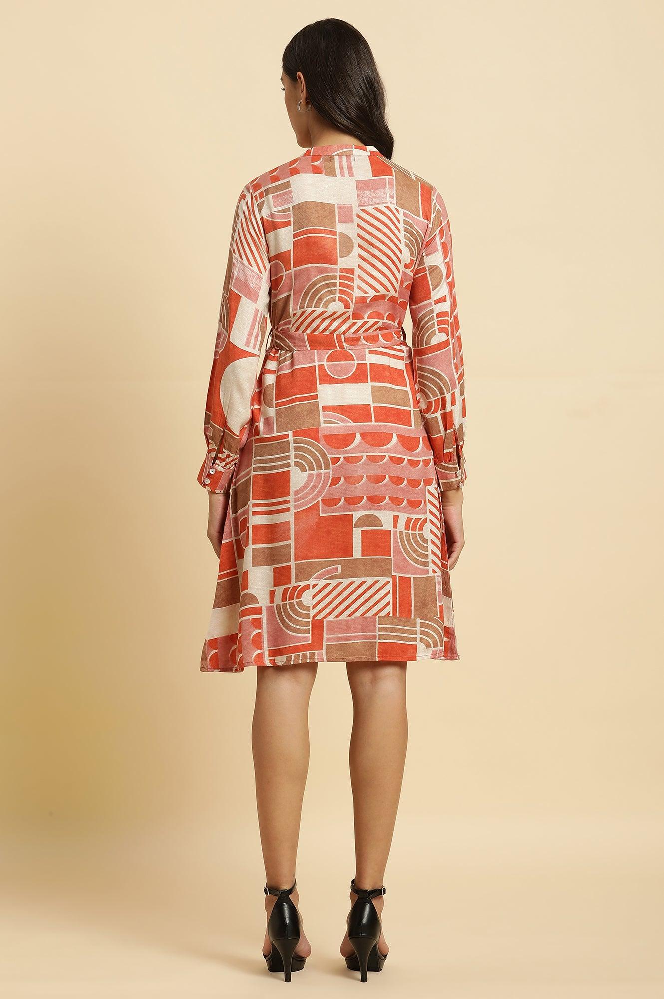 Orange Abstract Printed Western Dress - wforwoman