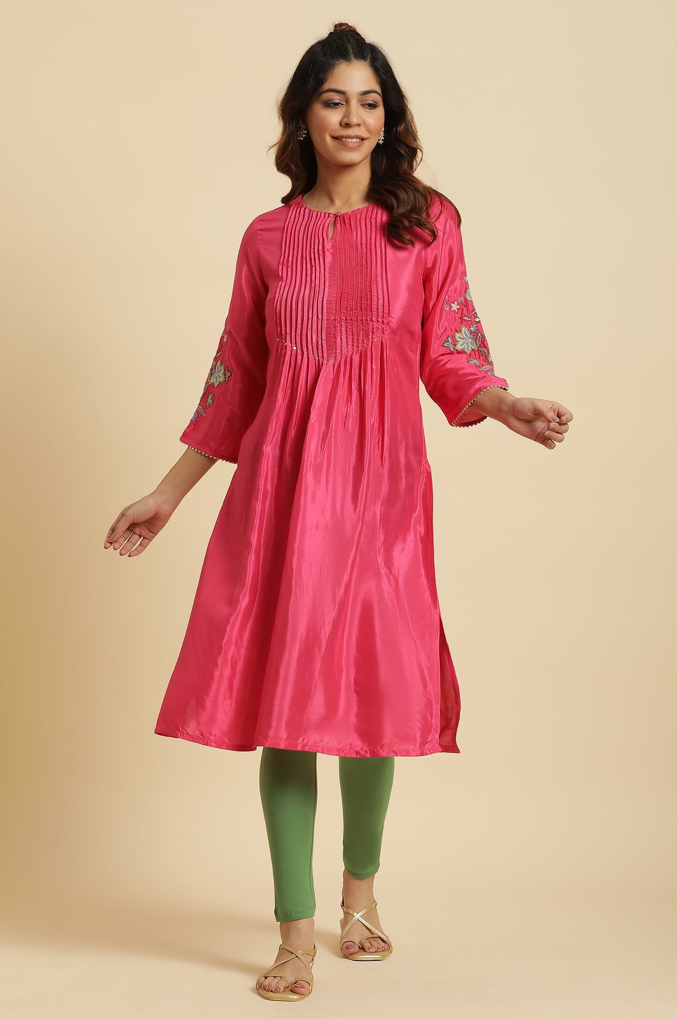 Pink Floral Embroidered Festive Kurta - wforwoman