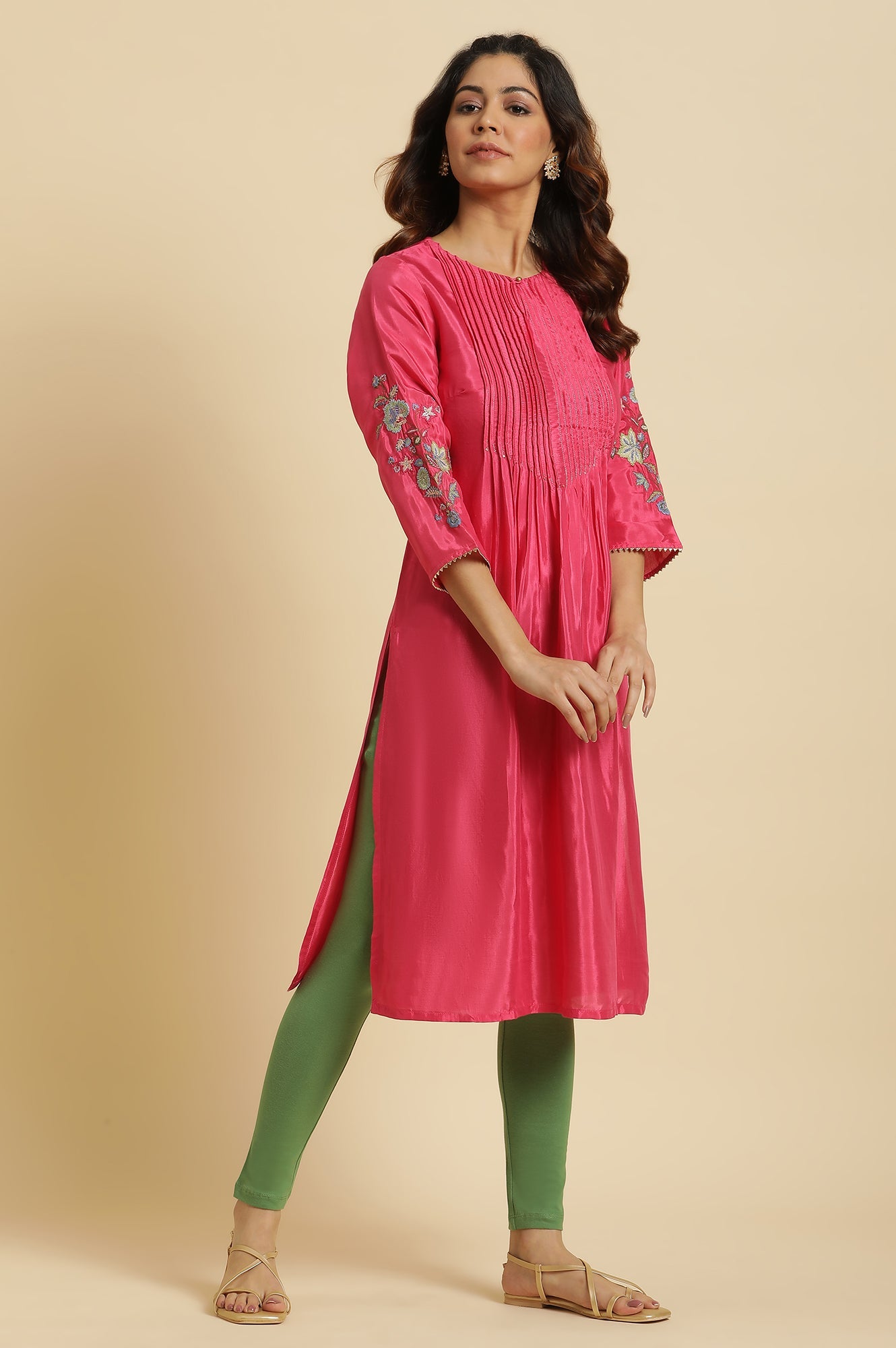 Pink Floral Embroidered Festive Kurta - wforwoman