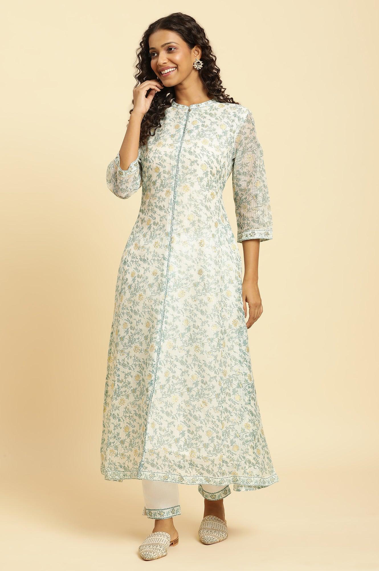 Ecru Kota Kurta With Green Floral Print - wforwoman