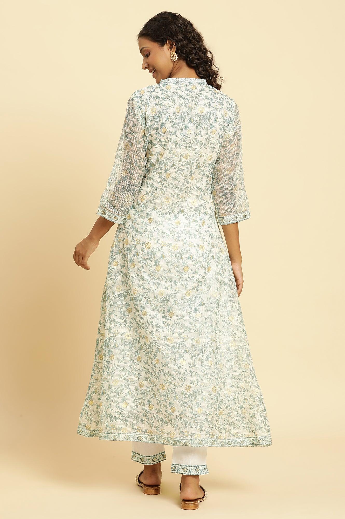 Ecru Kota Kurta With Green Floral Print - wforwoman