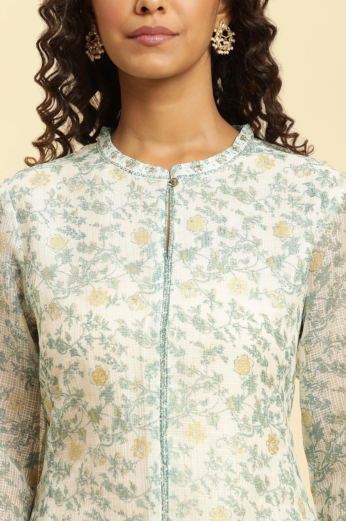 Ecru Kota Kurta With Green Floral Print - wforwoman