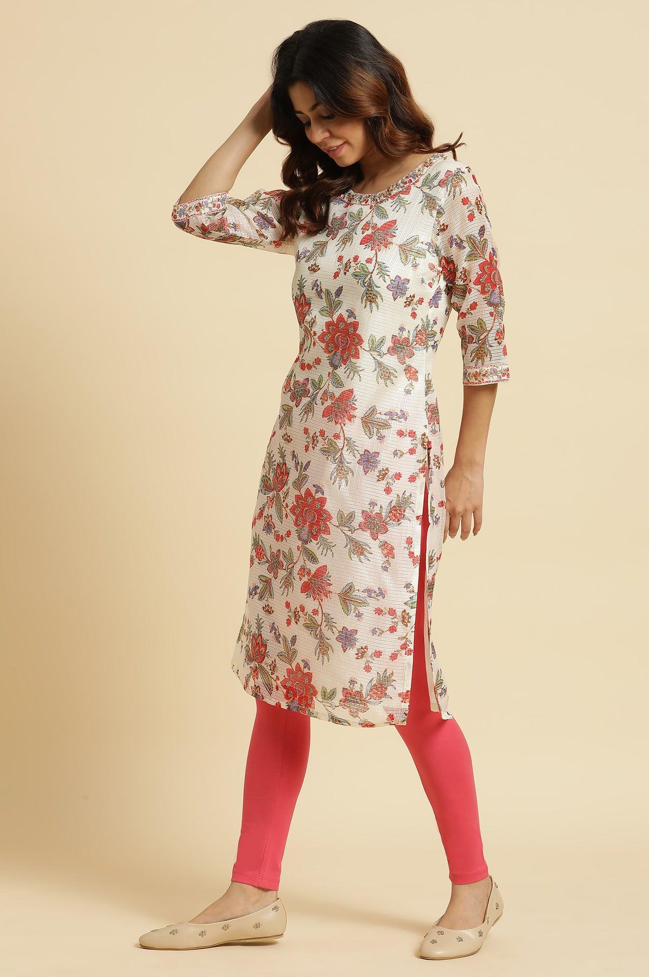 Ecru Kota Kurta With Multi-Coloured Floral Print - wforwoman