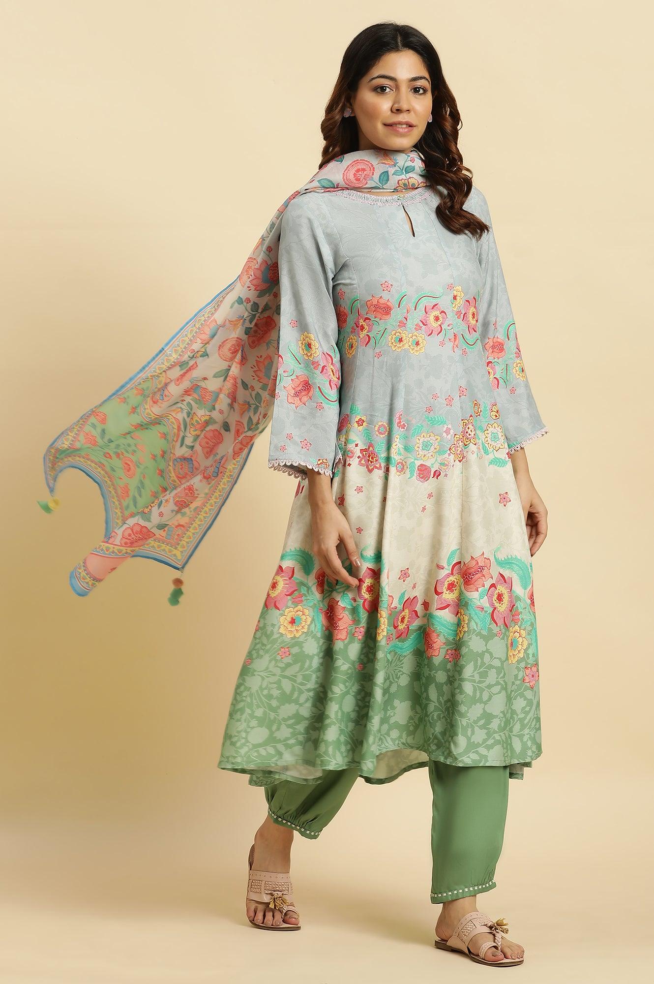 Blue Colour Blocked Printed Flared Kurta - wforwoman