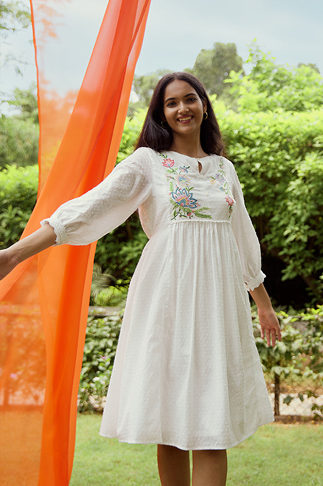 Ecru Gathered Dress In Multi-Coloured Embroidery