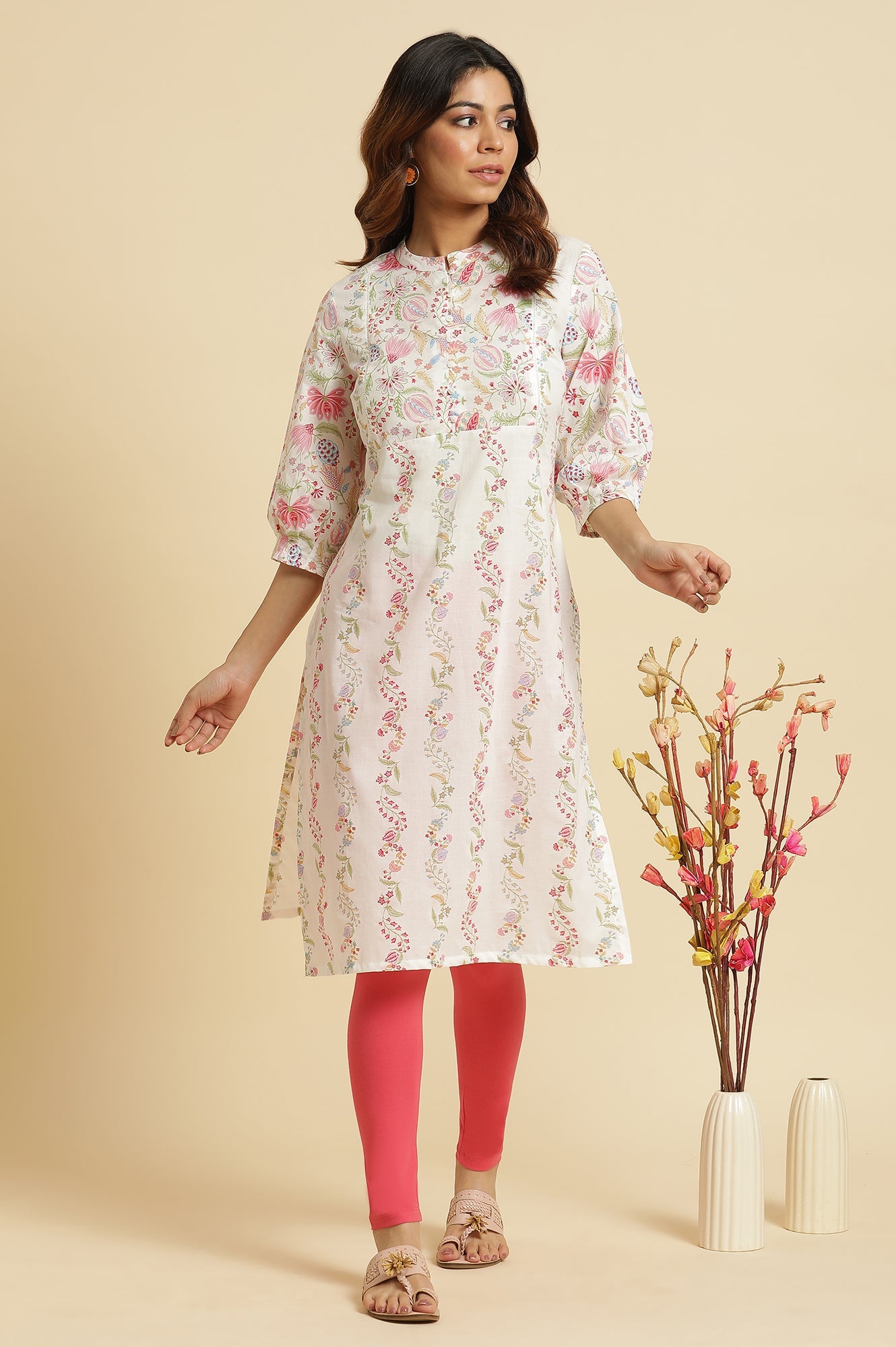 White Floral Lace Straight Cotton Kurta