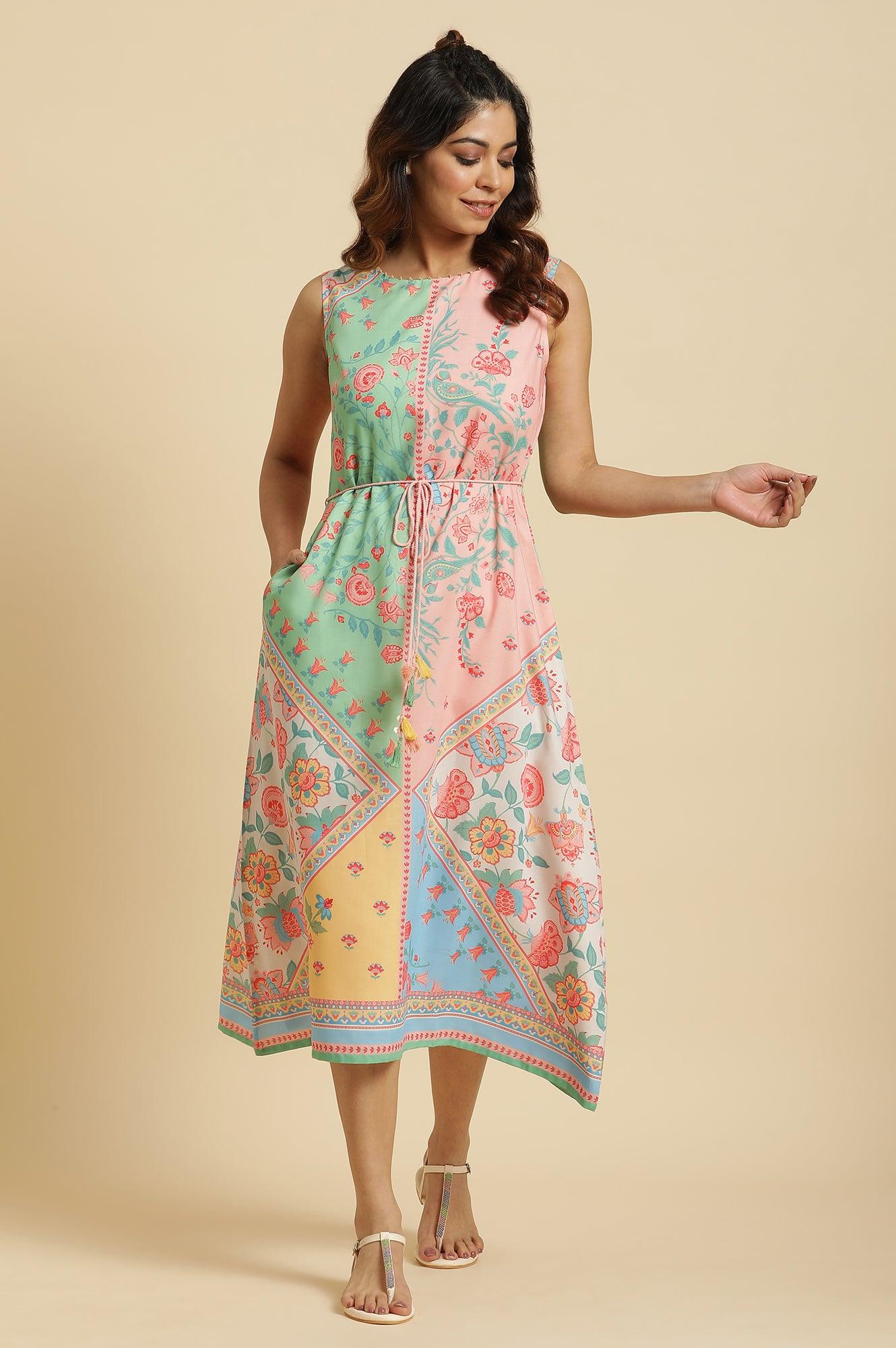 Multi-Coloured Floral Printed Sleeveless Dress - wforwoman