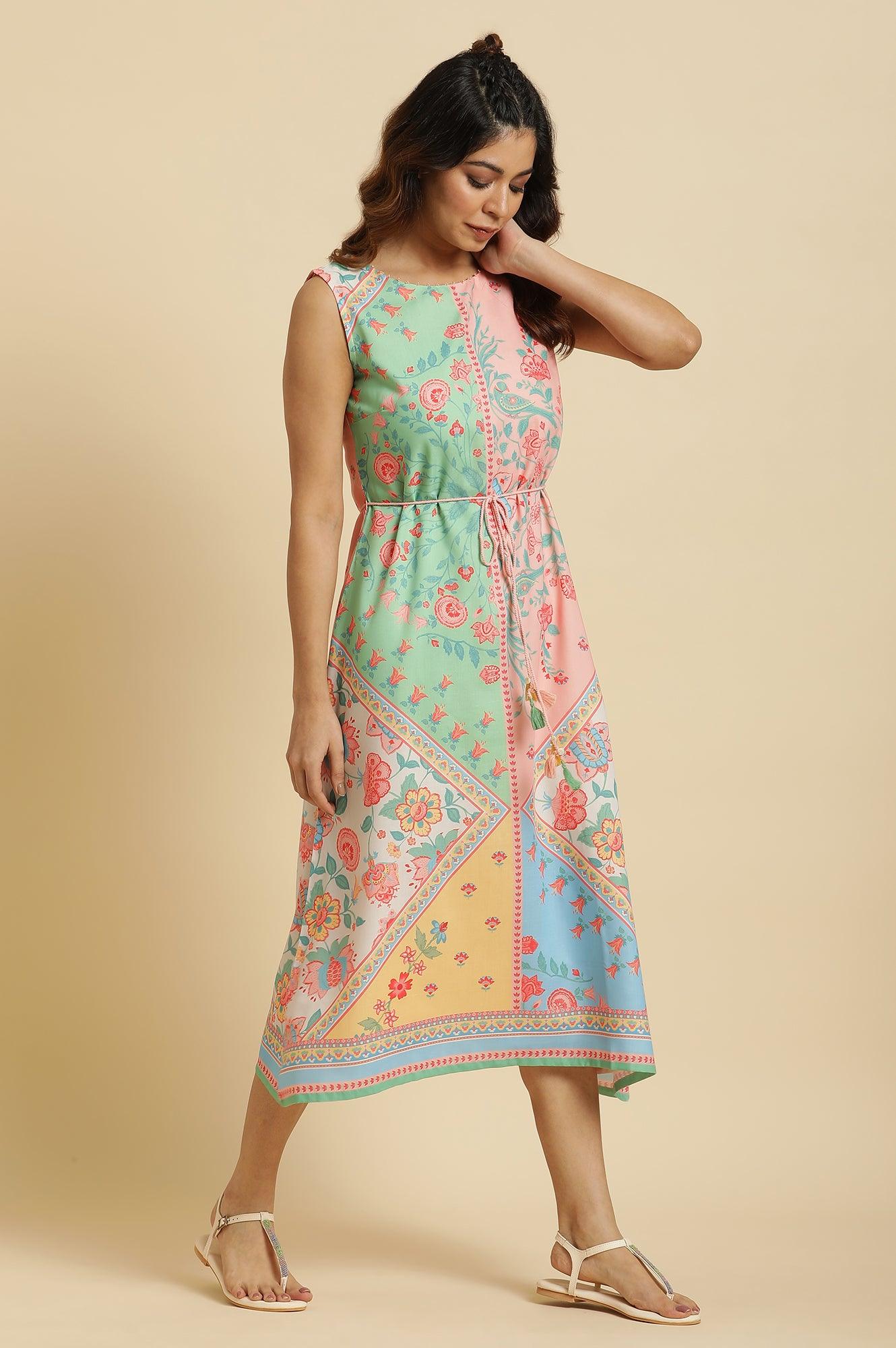 Multi-Coloured Floral Printed Sleeveless Dress - wforwoman