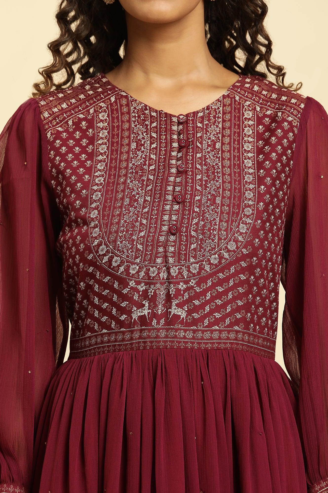 Wine Heavy Embroidered Festive Dress - wforwoman