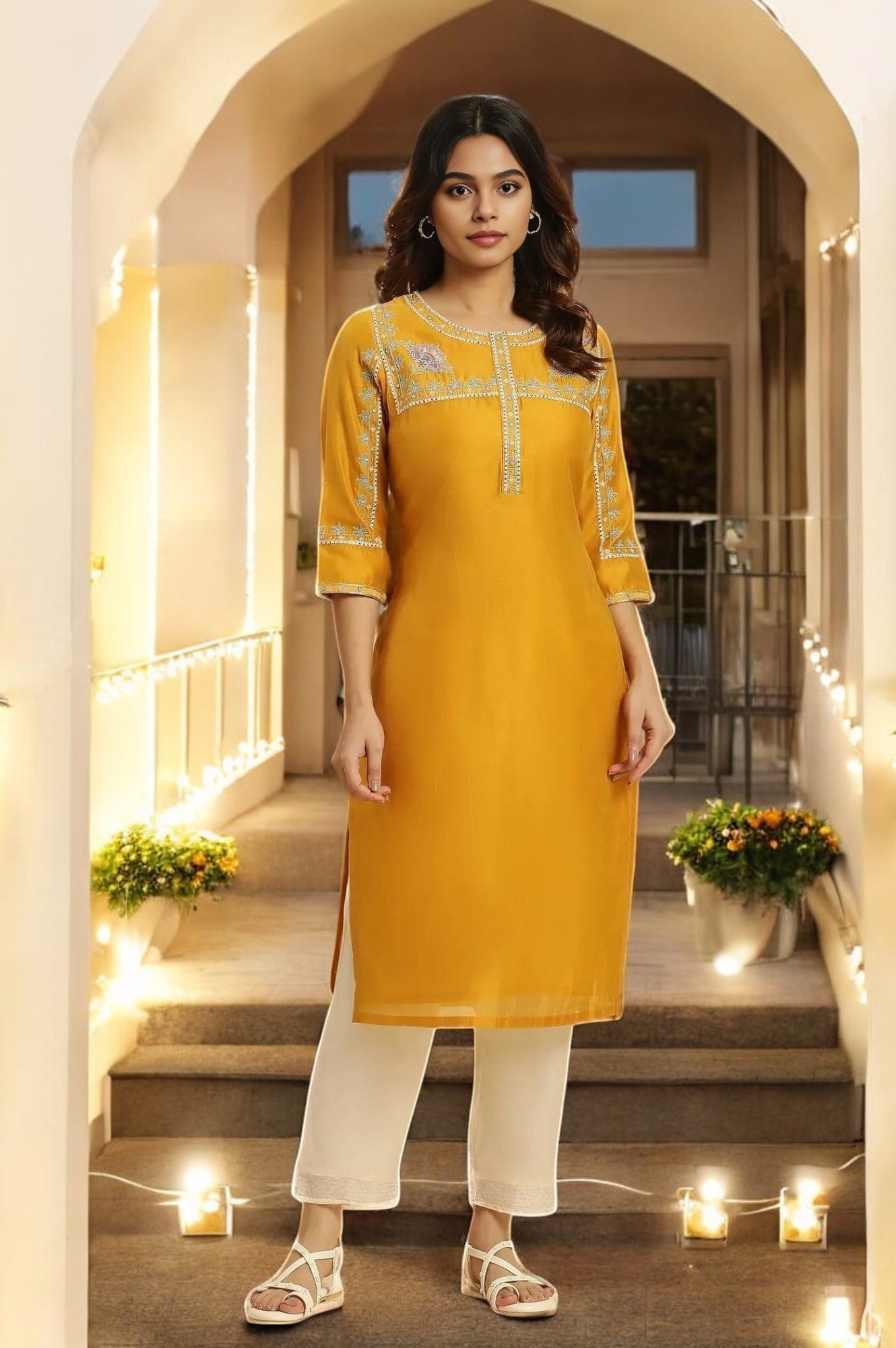 Yellow Embroidered Festive Straight Kurta