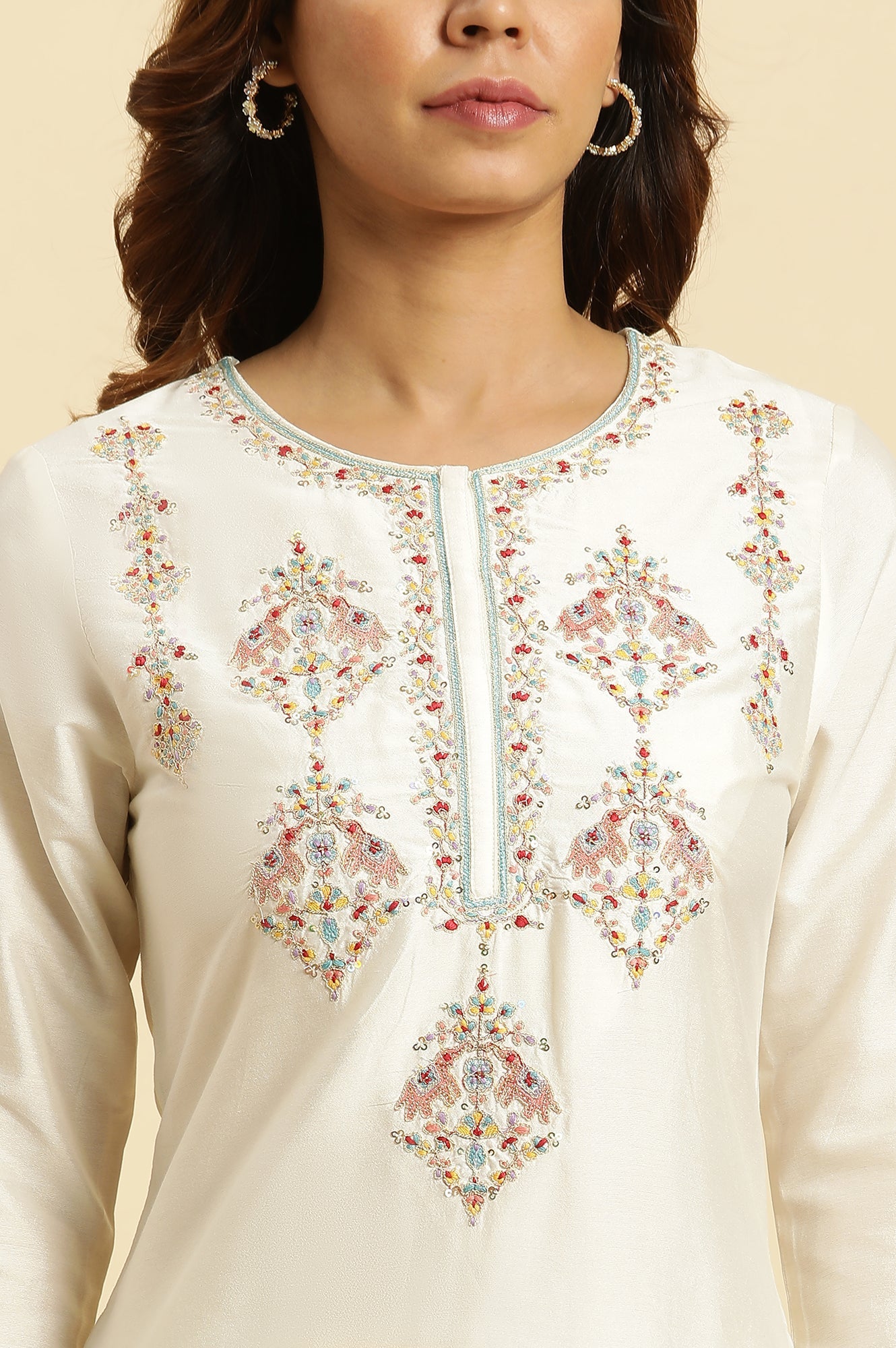 White Dori Embroidery Viscose Blend Straight Kurta and Slim Pant Set