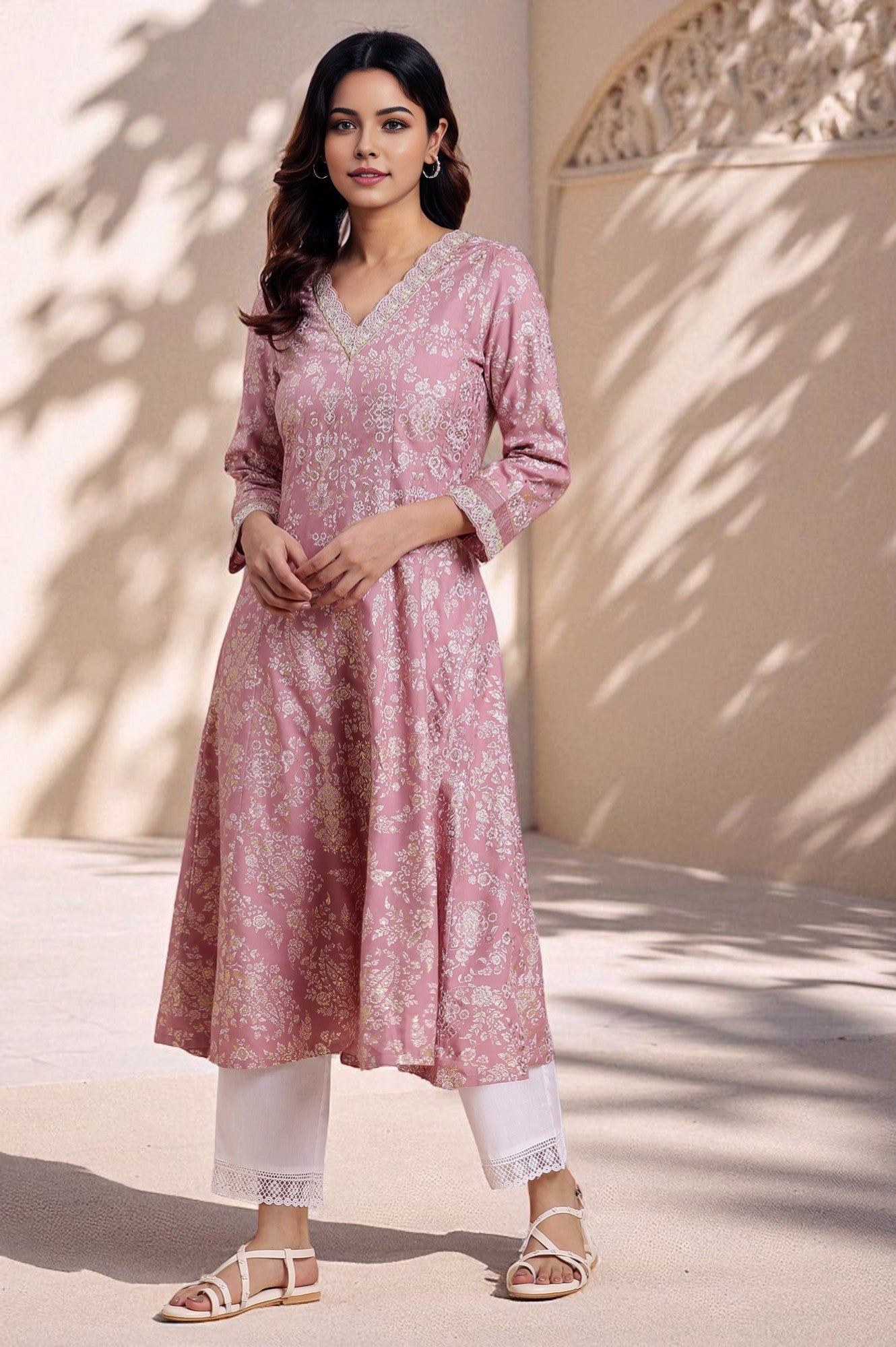 Pink Floral Foil Printed Flared Kurta