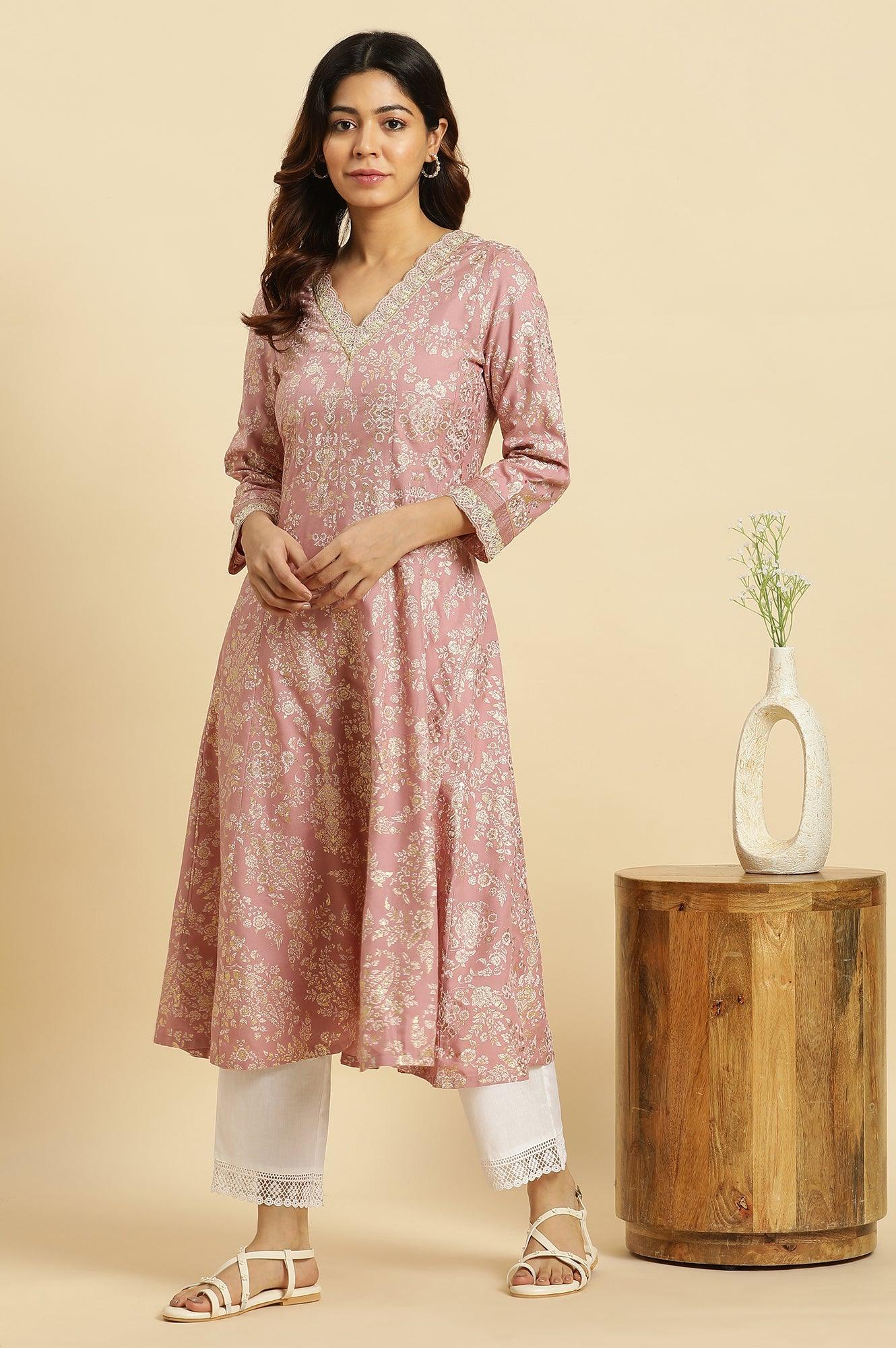 Pink Floral Foil Printed Flared Kurta - wforwoman