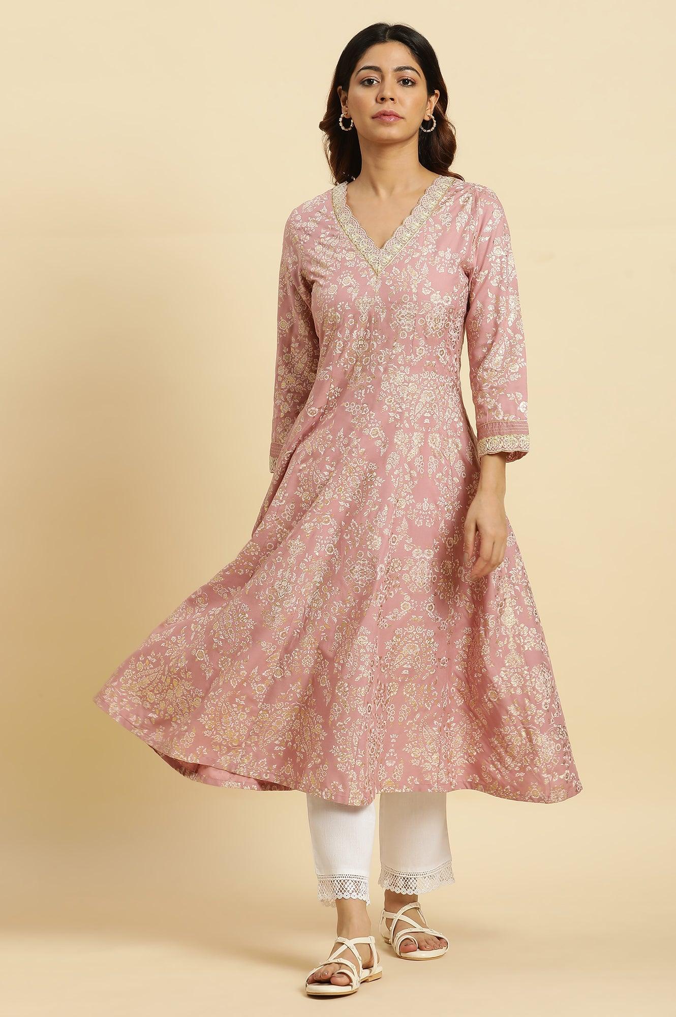Pink Floral Foil Printed Flared Kurta - wforwoman