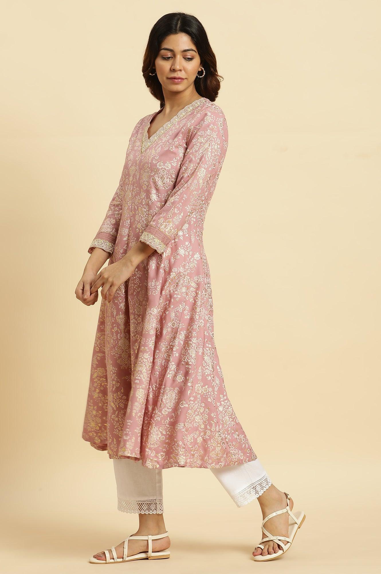 Pink Floral Foil Printed Flared Kurta - wforwoman