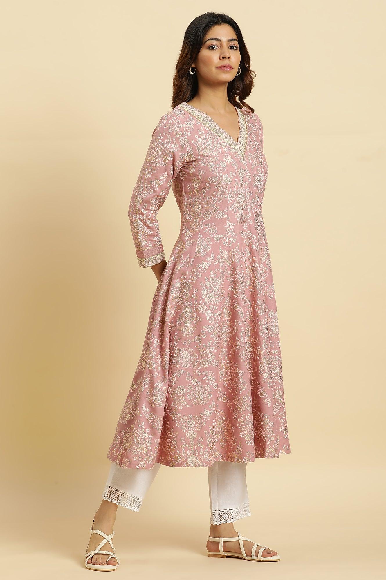 Pink Floral Foil Printed Flared Kurta - wforwoman