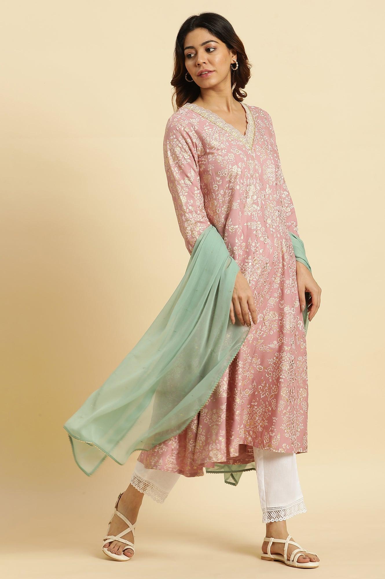 Pink Floral Foil Printed Flared Kurta - wforwoman