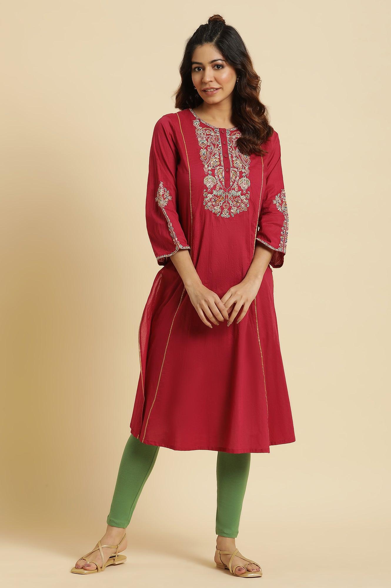 Maroon Embroidered Festive Kurta - wforwoman