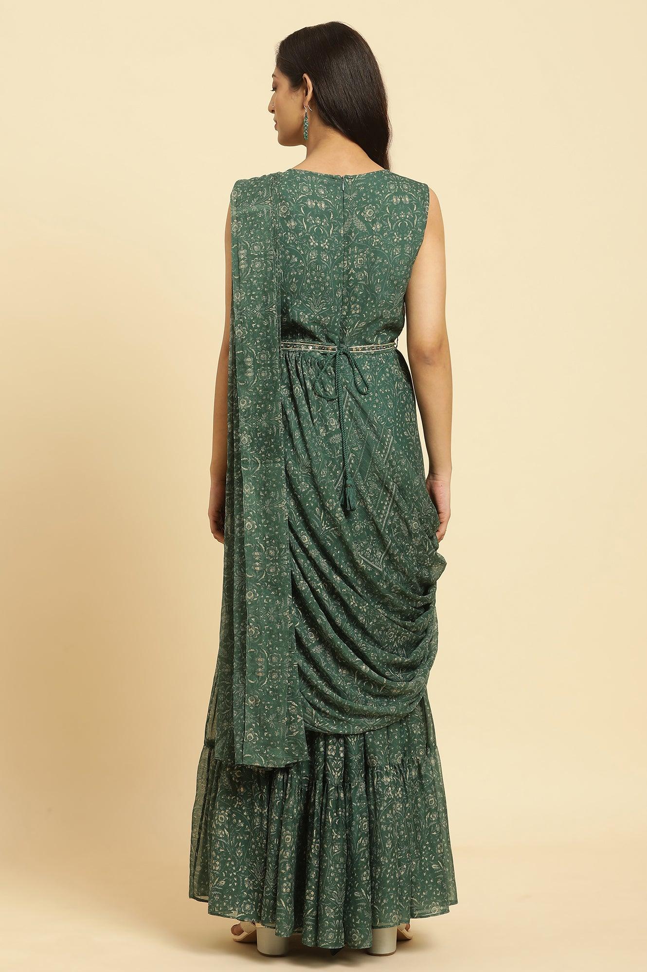 Green Foil Printed Chiffon Sharara Saree Dress - wforwoman