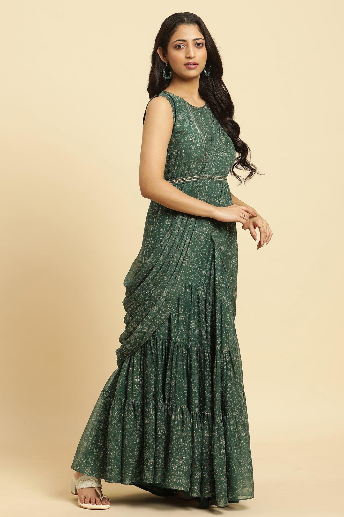 Green Foil Printed Chiffon Sharara Saree Dress - wforwoman