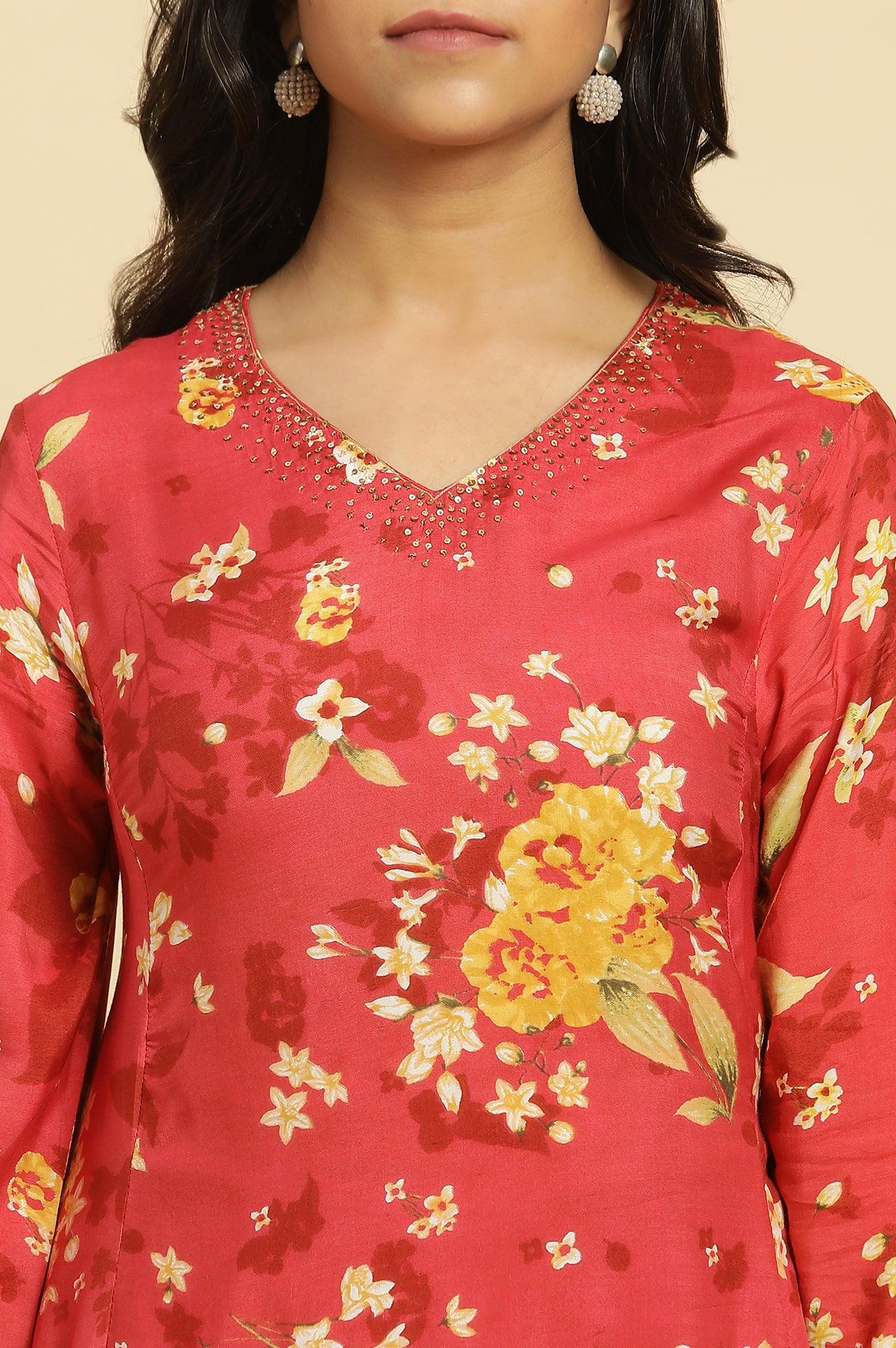 Red Floral Printed Flared Kurta - wforwoman