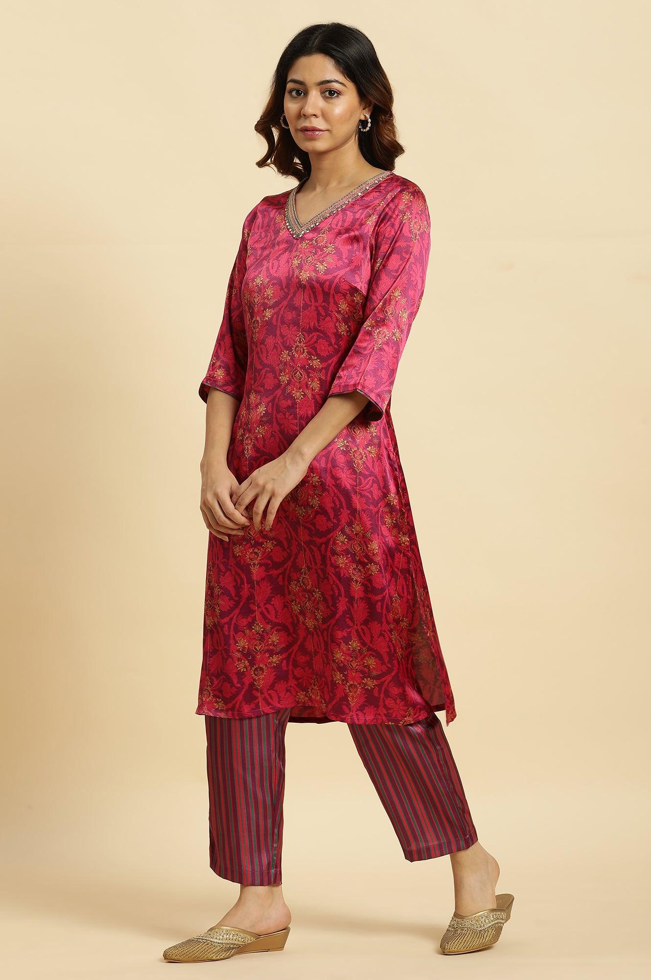 Purple Floral Printed Kurta In Japanese Satin - wforwoman