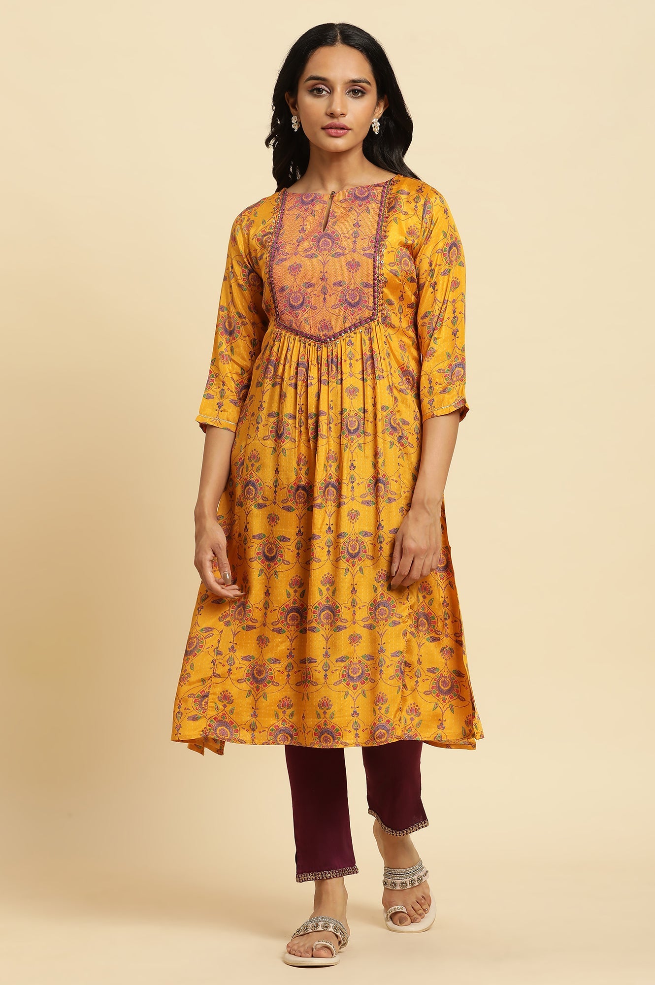 Yellow Floral Suzani Print Sequined Straight Shantung Kurta