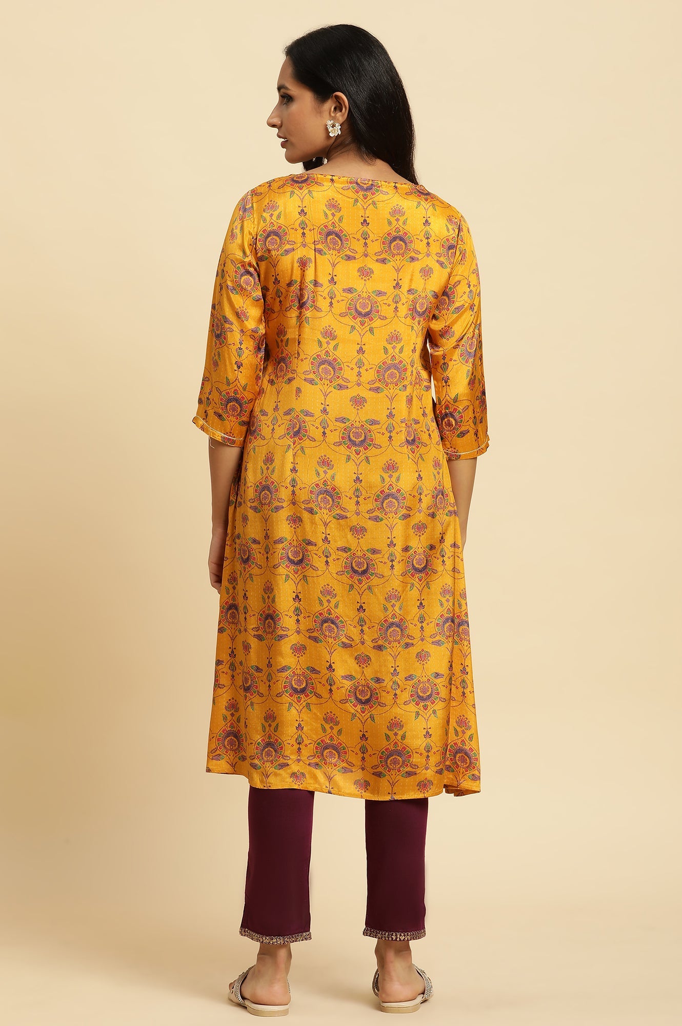 Yellow Floral Suzani Print Sequined Straight Shantung Kurta