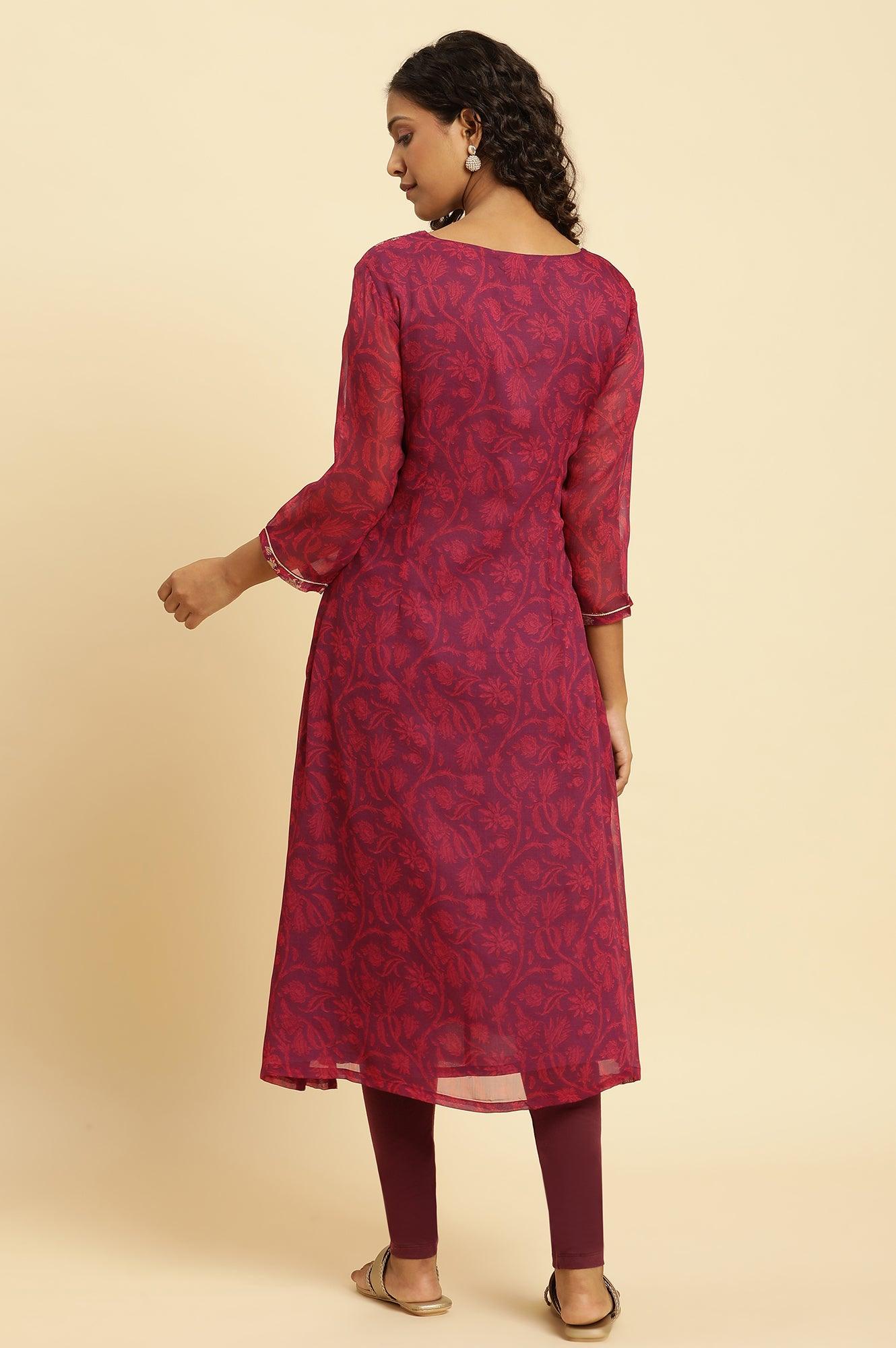 Purple Floral Printed Kurta With Zari Embroidery - wforwoman
