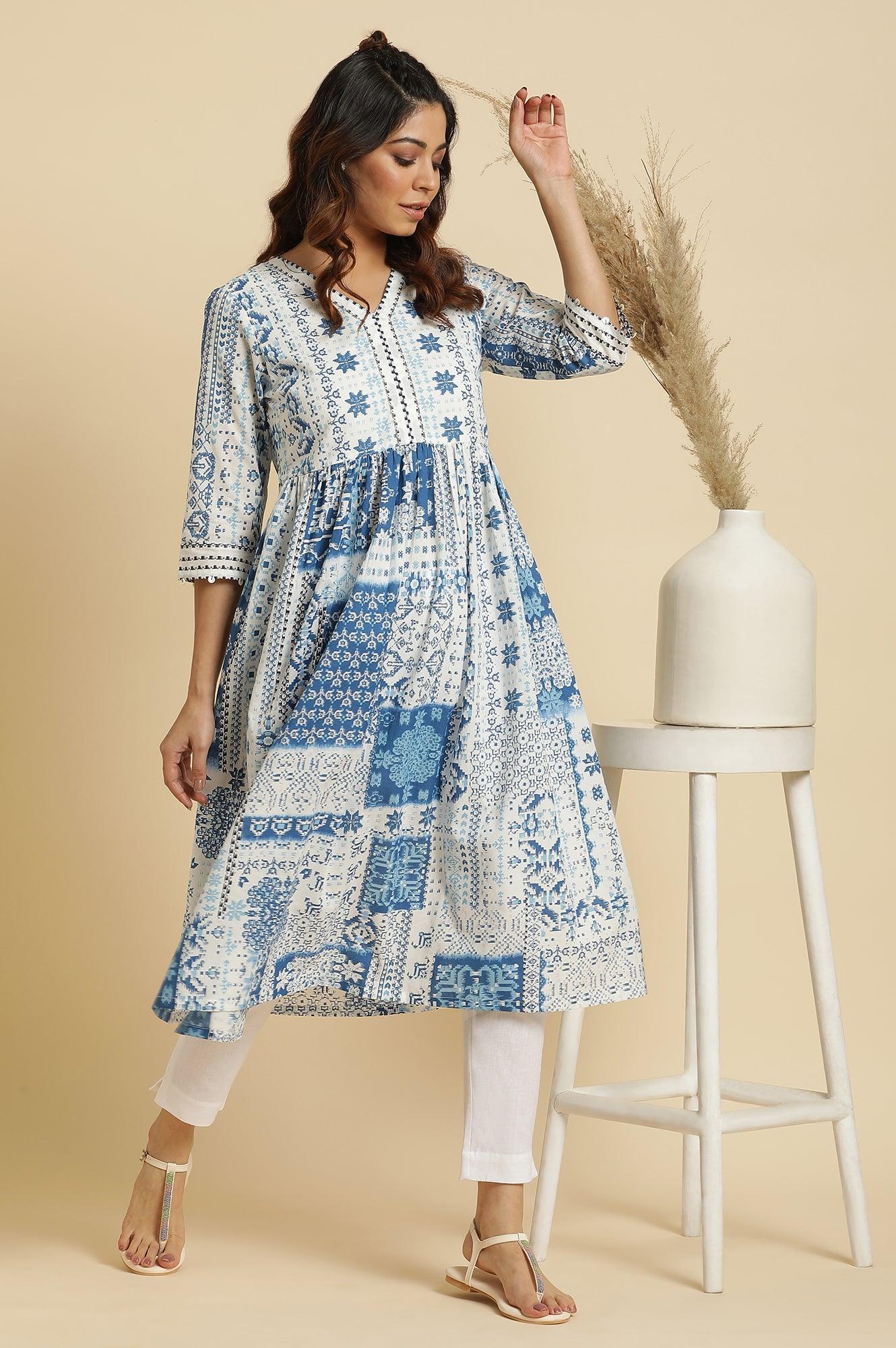 Ecru Flared Kurta With Blue Geometric Print - wforwoman