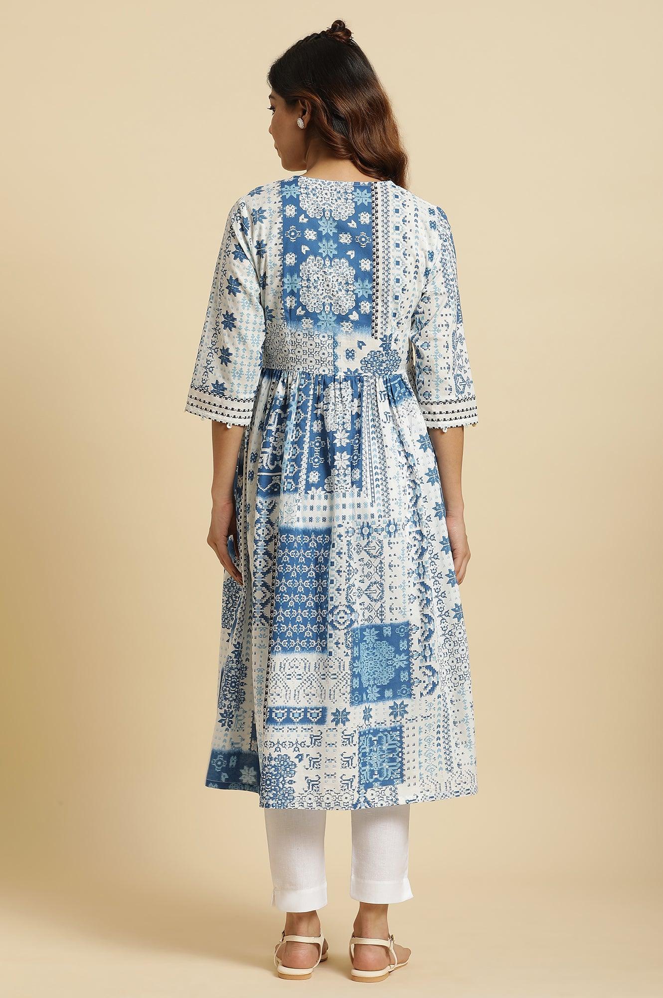 Ecru Flared Kurta With Blue Geometric Print - wforwoman