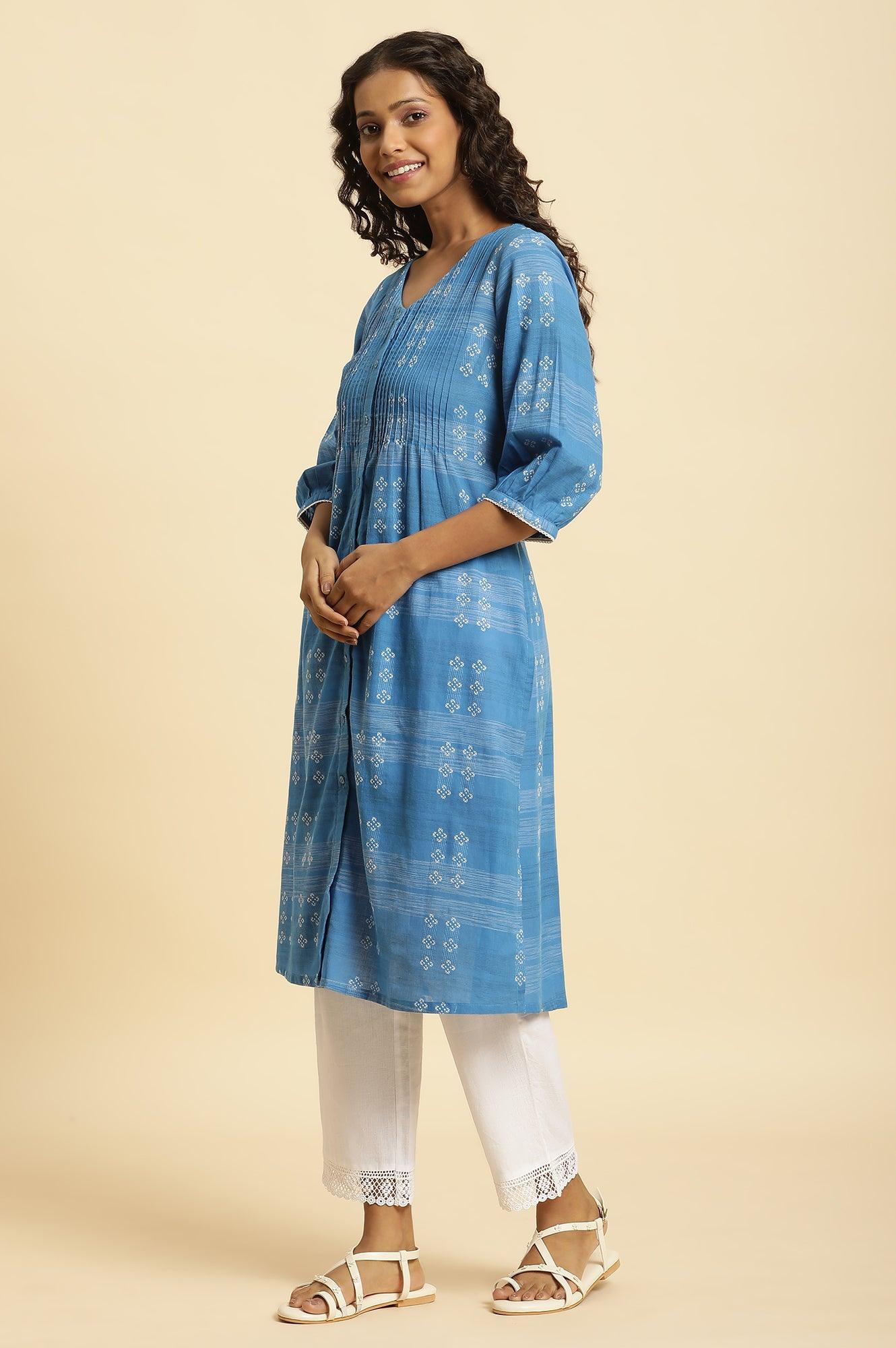 Blue Cotton Dobby A-Line Kurta - wforwoman