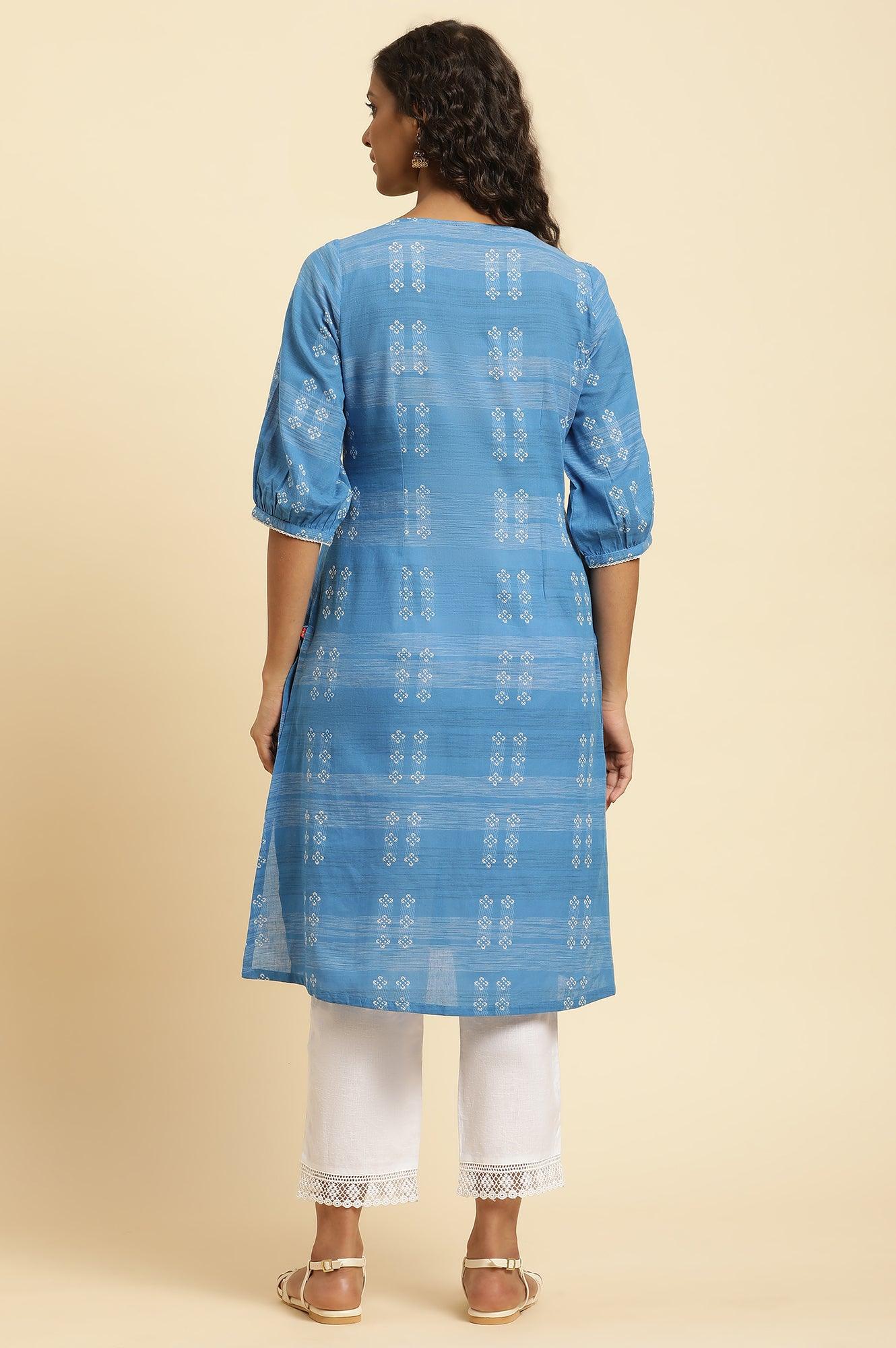 Blue Cotton Dobby A-Line Kurta - wforwoman
