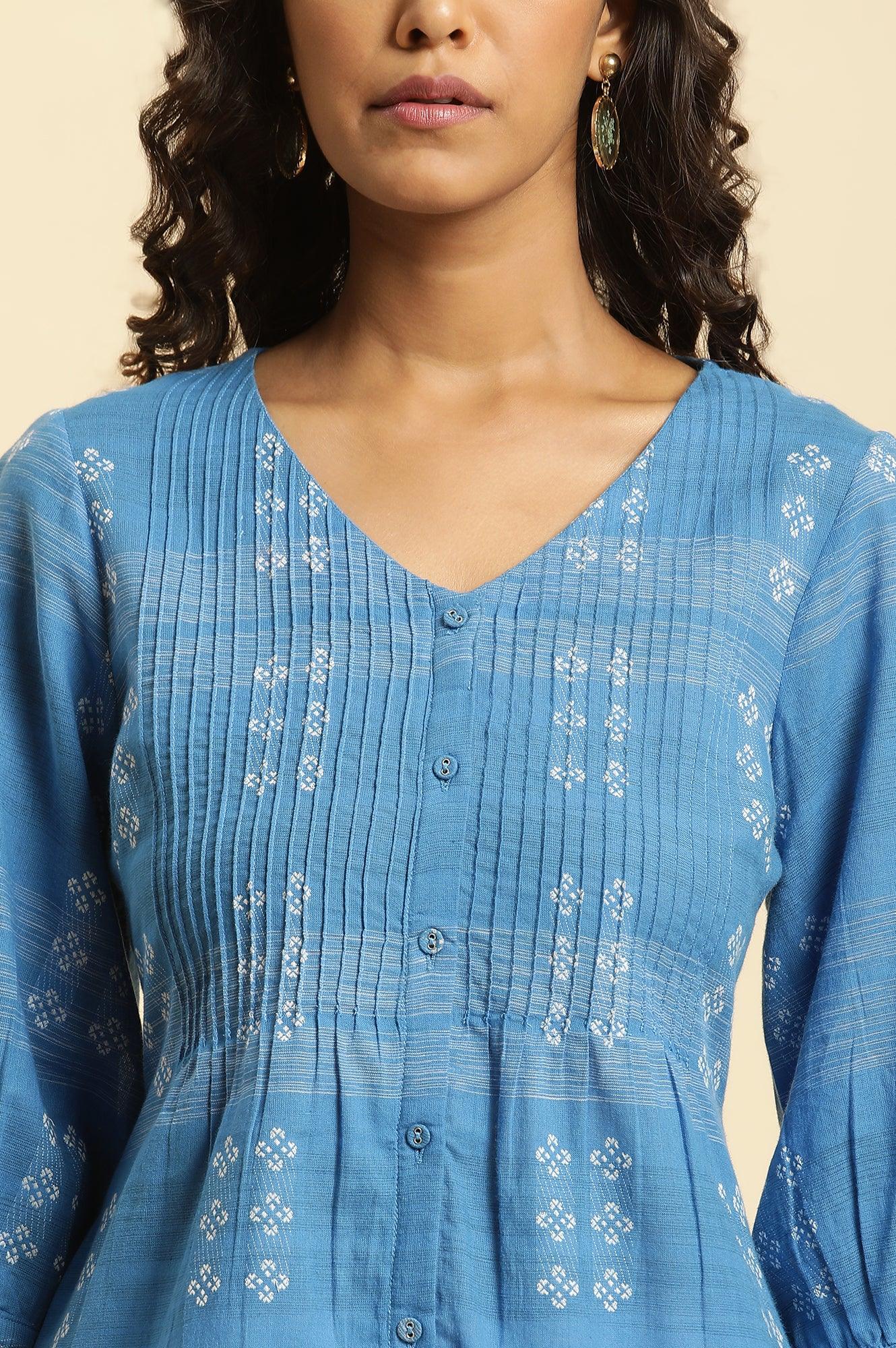 Blue Cotton Dobby A-Line Kurta - wforwoman