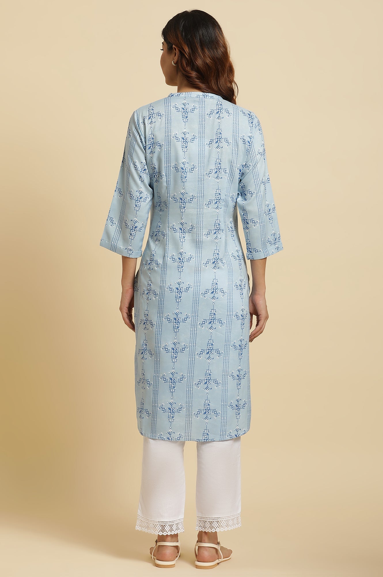 Blue Geometric Straight Woven Kurta