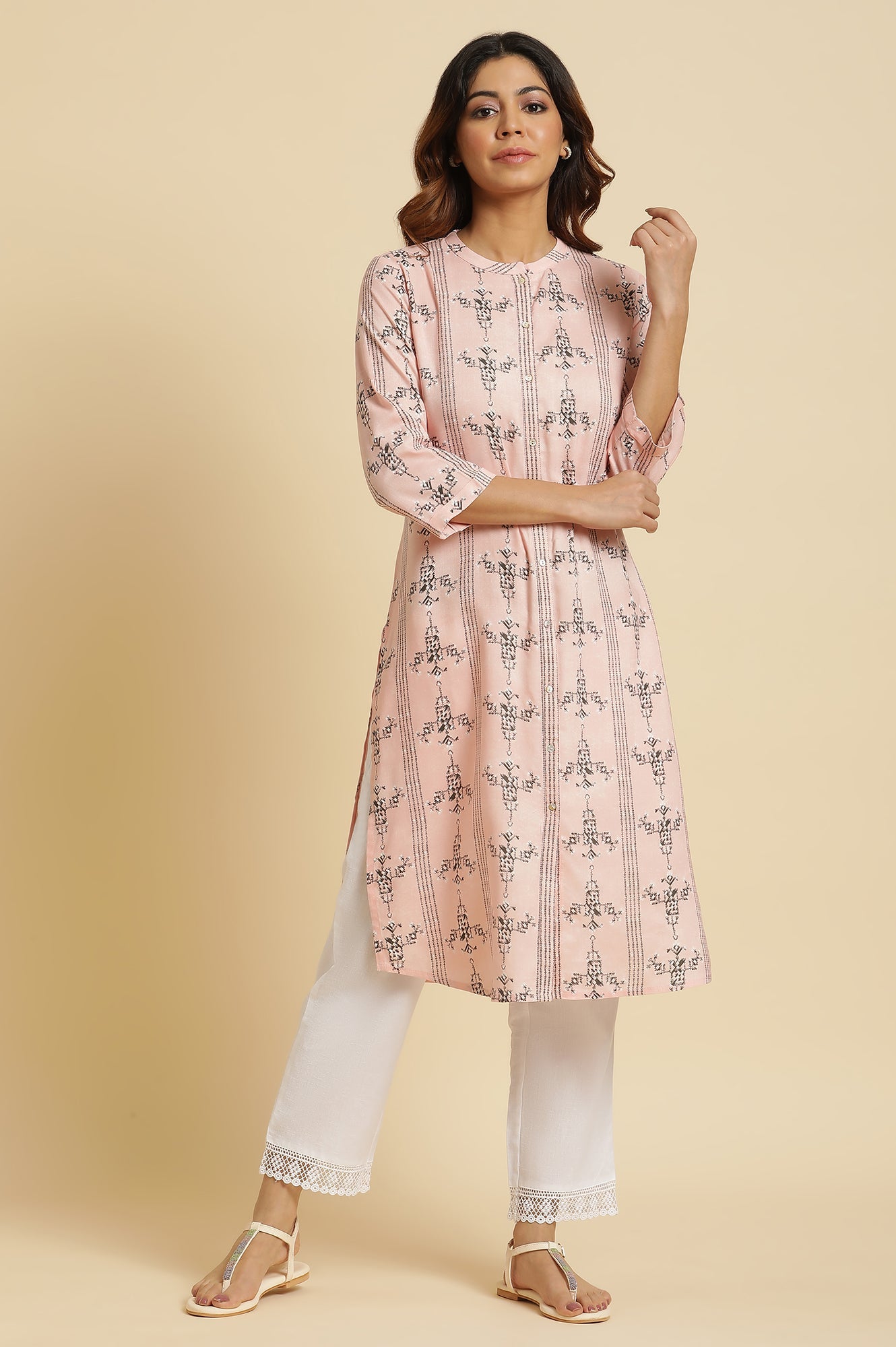 Pink Geometric Straight Rayon Kurta