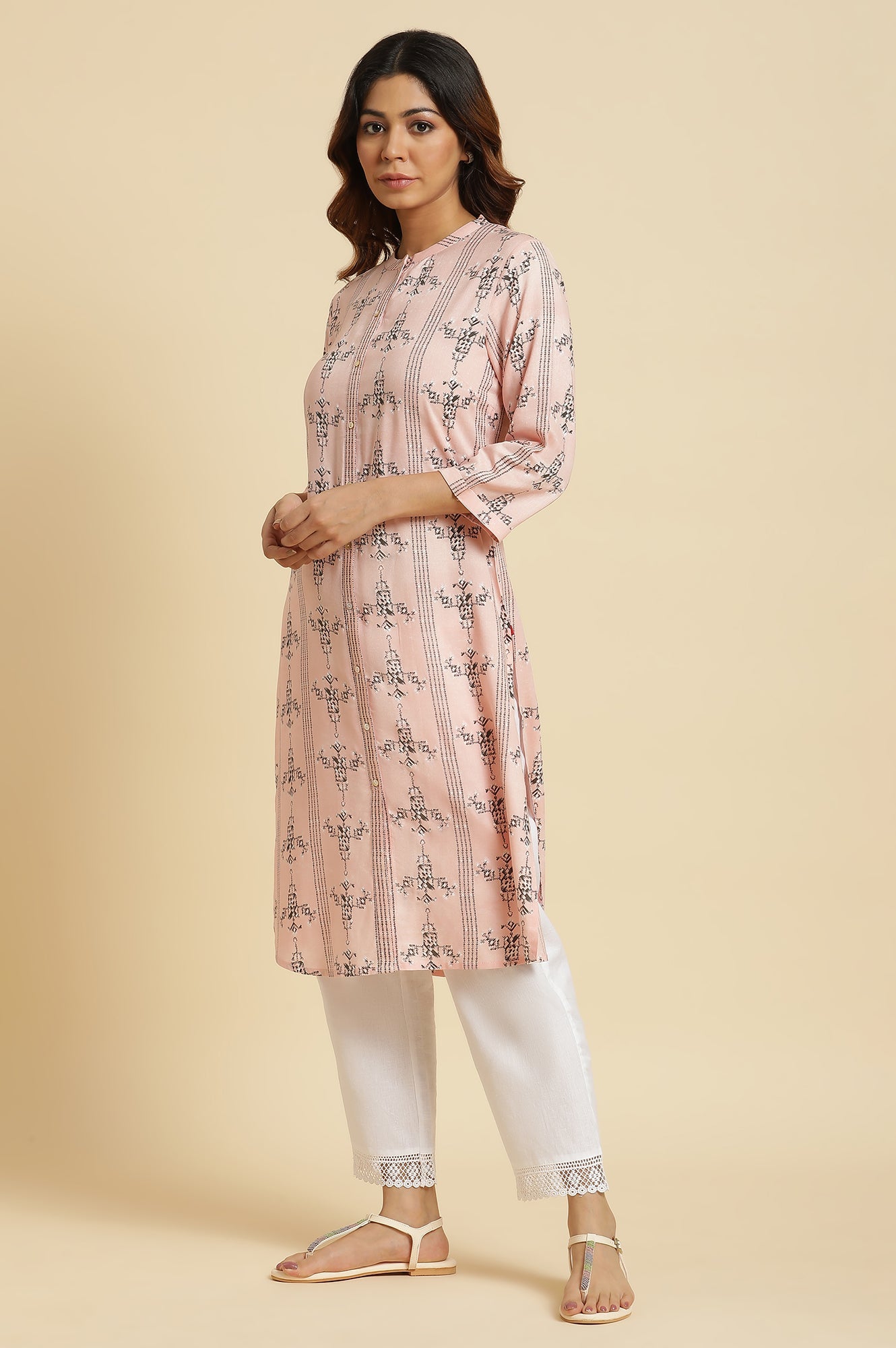 Pink Geometric Straight Rayon Kurta