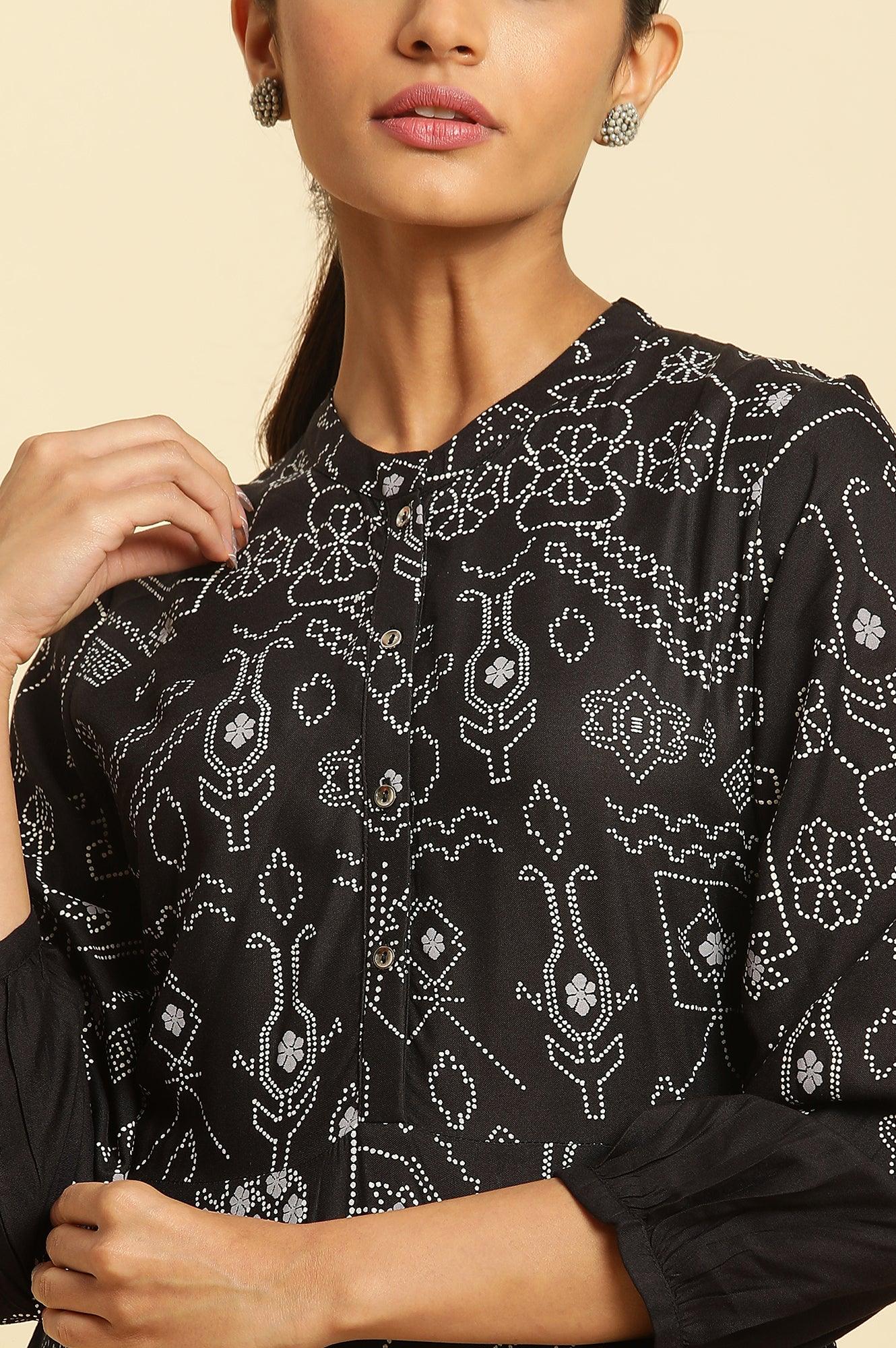 Black Bandhani Printed Flared Dress - wforwoman