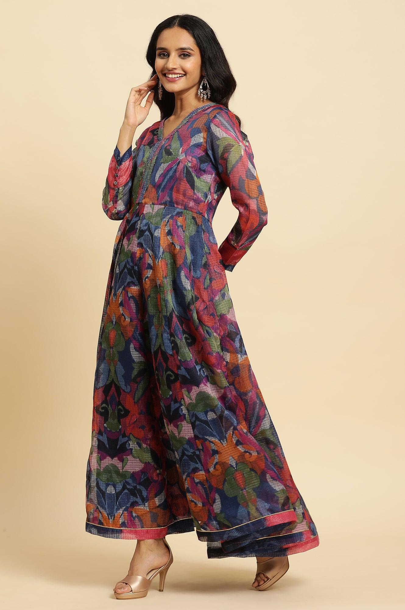Multi-Coloured Layered Kota Ikat Printed Dress - wforwoman