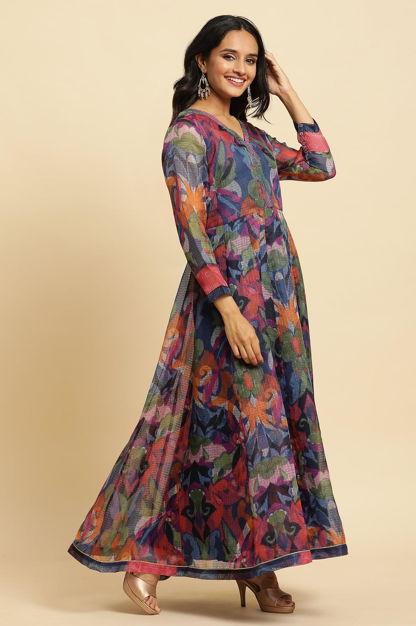 Multi-Coloured Layered Kota Ikat Printed Dress - wforwoman