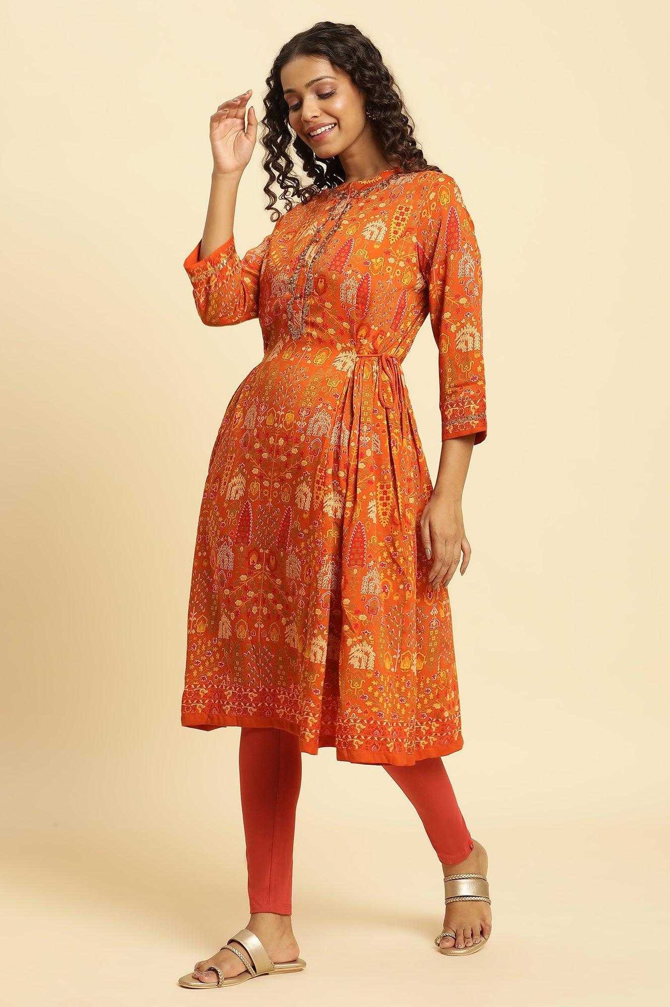Orange Printed Festive A-Line Kurta - wforwoman