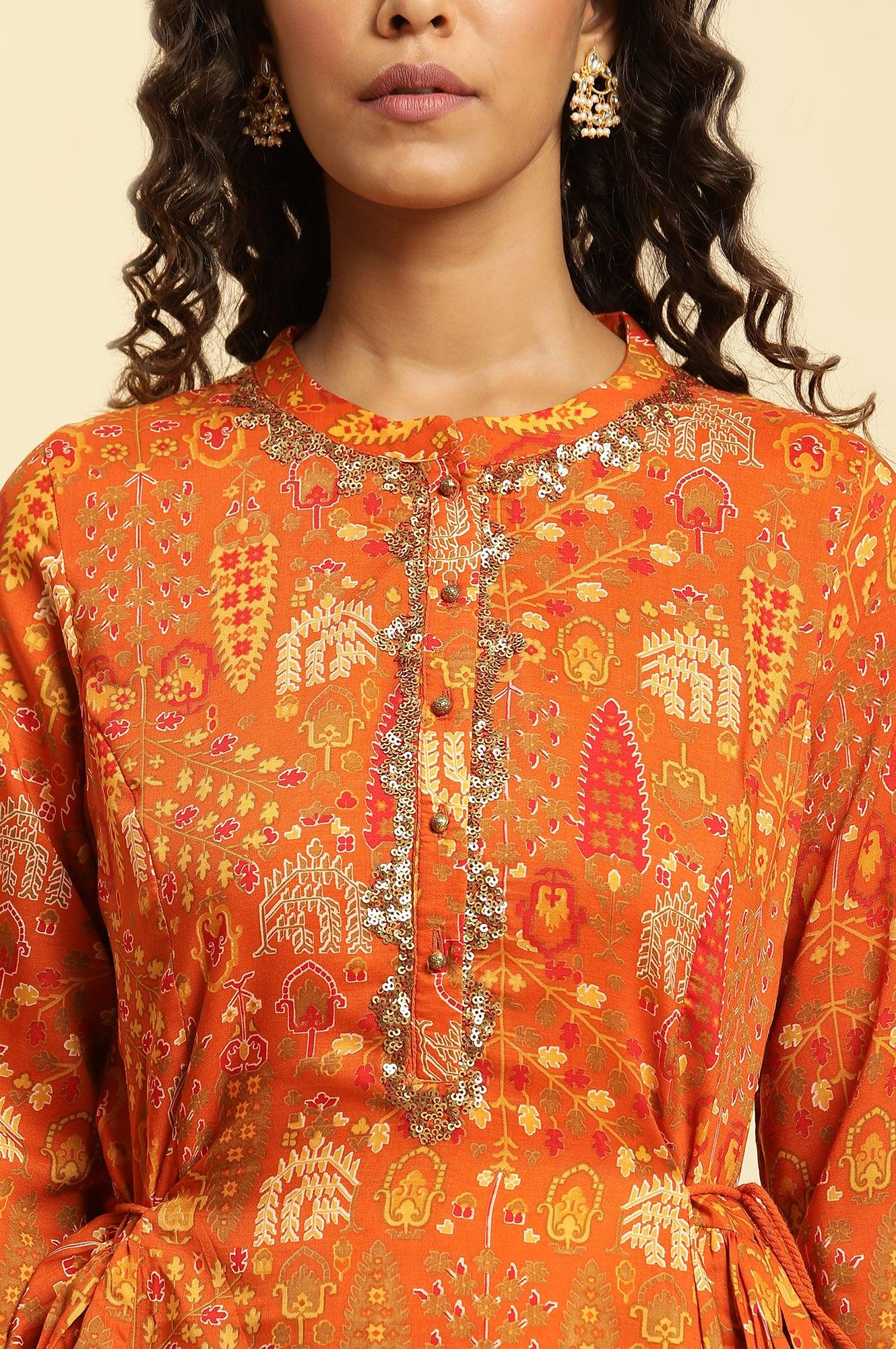Orange Printed Festive A-Line Kurta - wforwoman