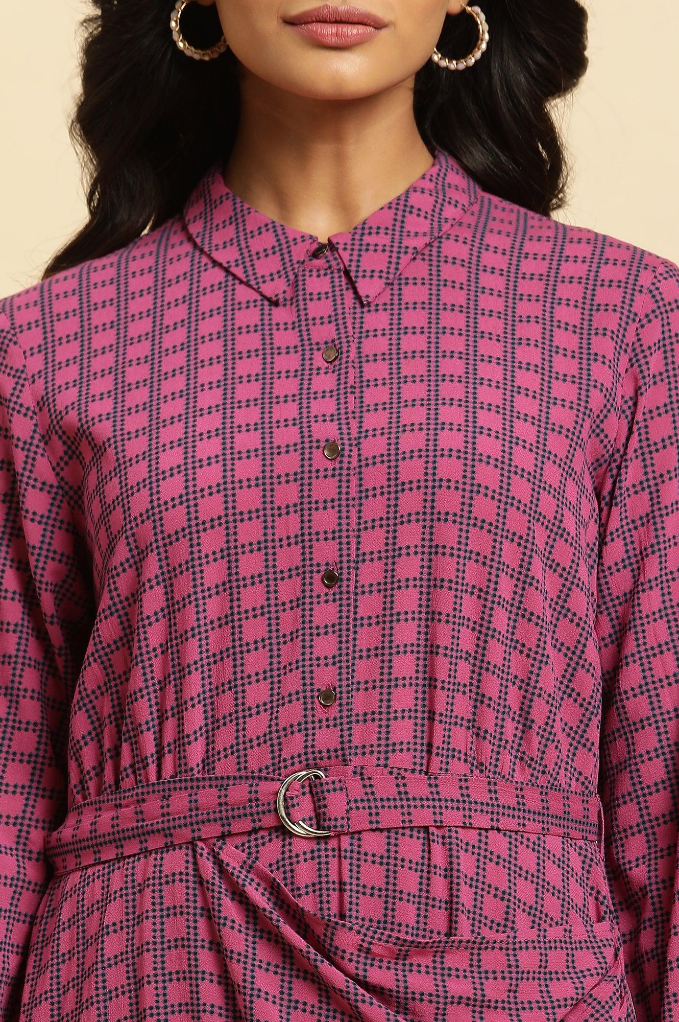 Pink Geometric Printed Mock Wrap Dress - wforwoman