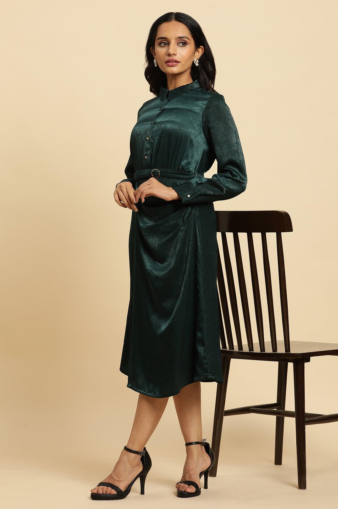 Green Geometric Printed Mock Wrap Dress - wforwoman