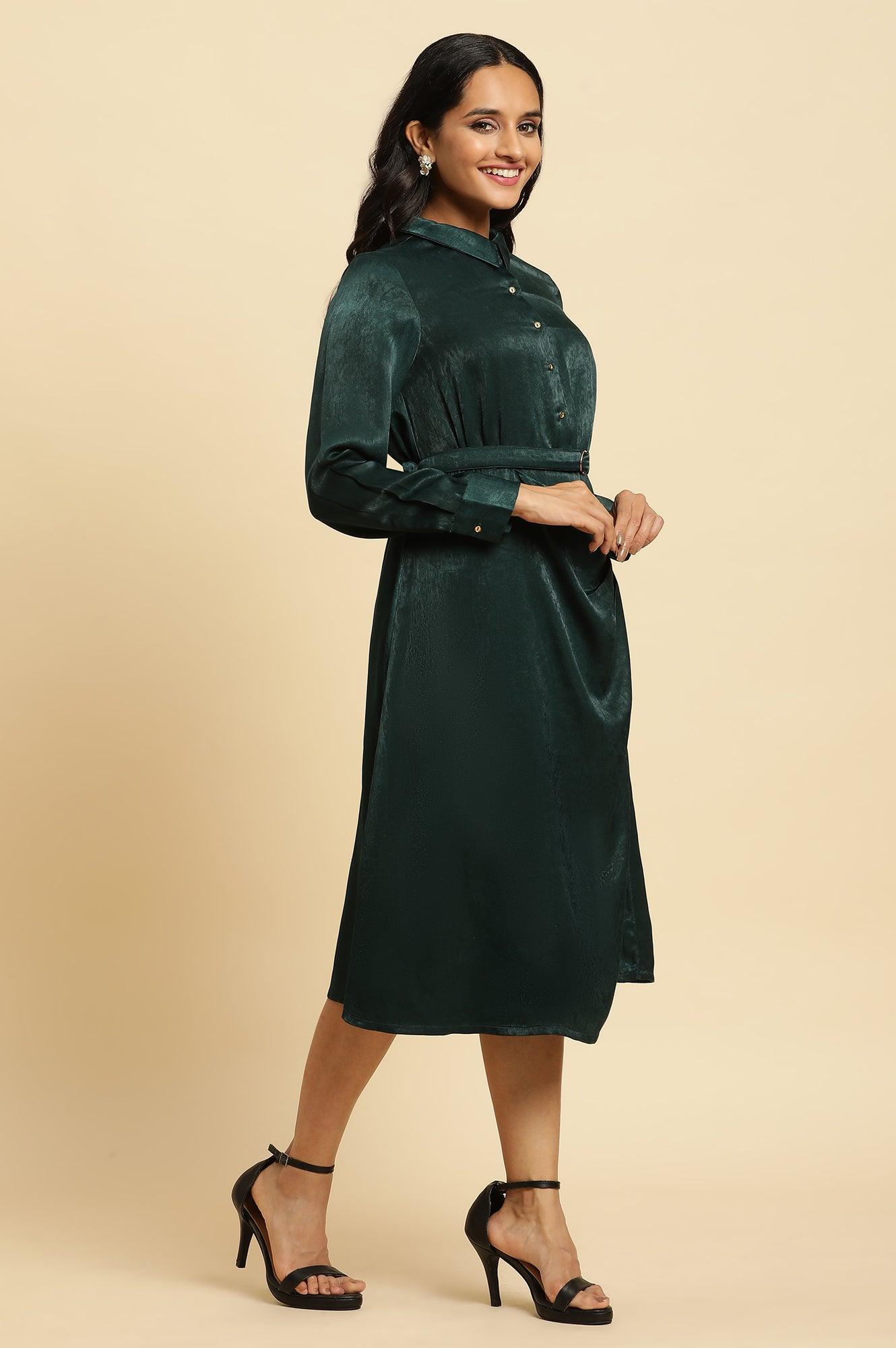 Green Geometric Printed Mock Wrap Dress - wforwoman