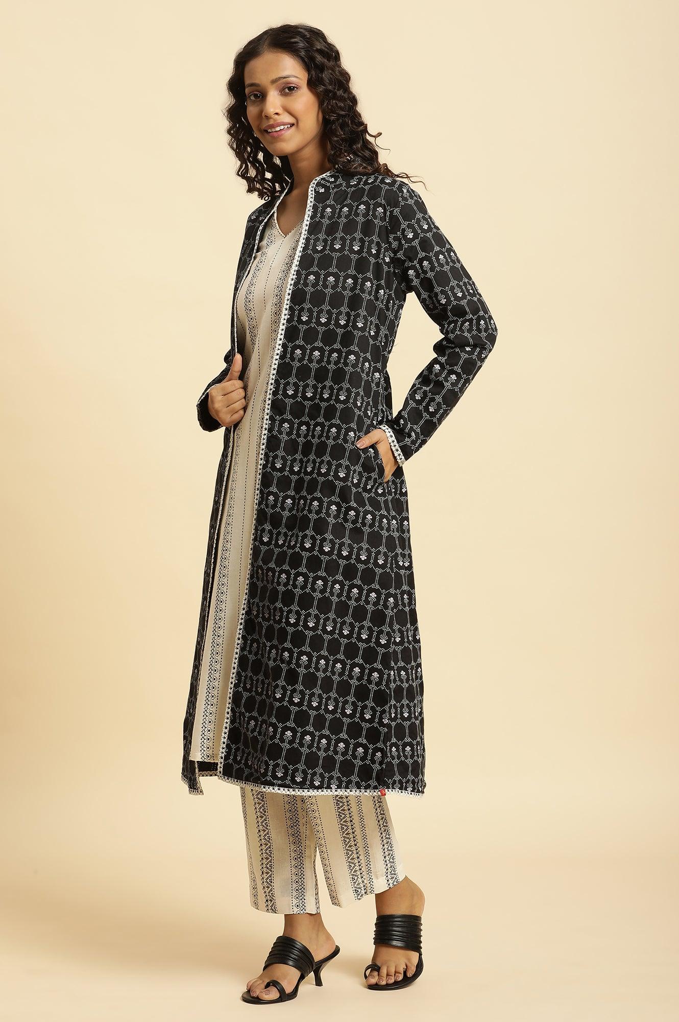 Black Reversible Front Open Jacket In White Print - wforwoman