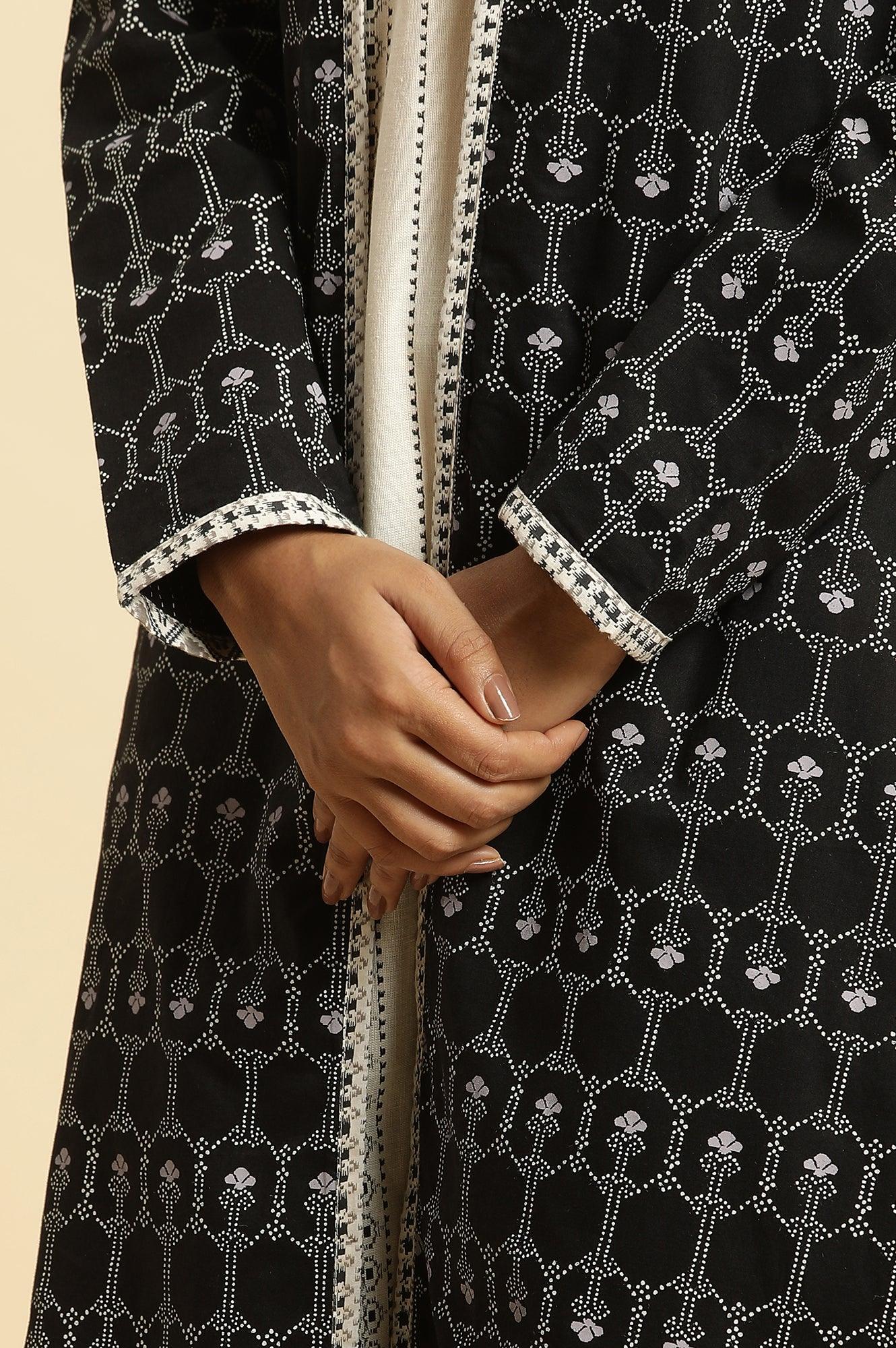 Black Reversible Front Open Jacket In White Print - wforwoman